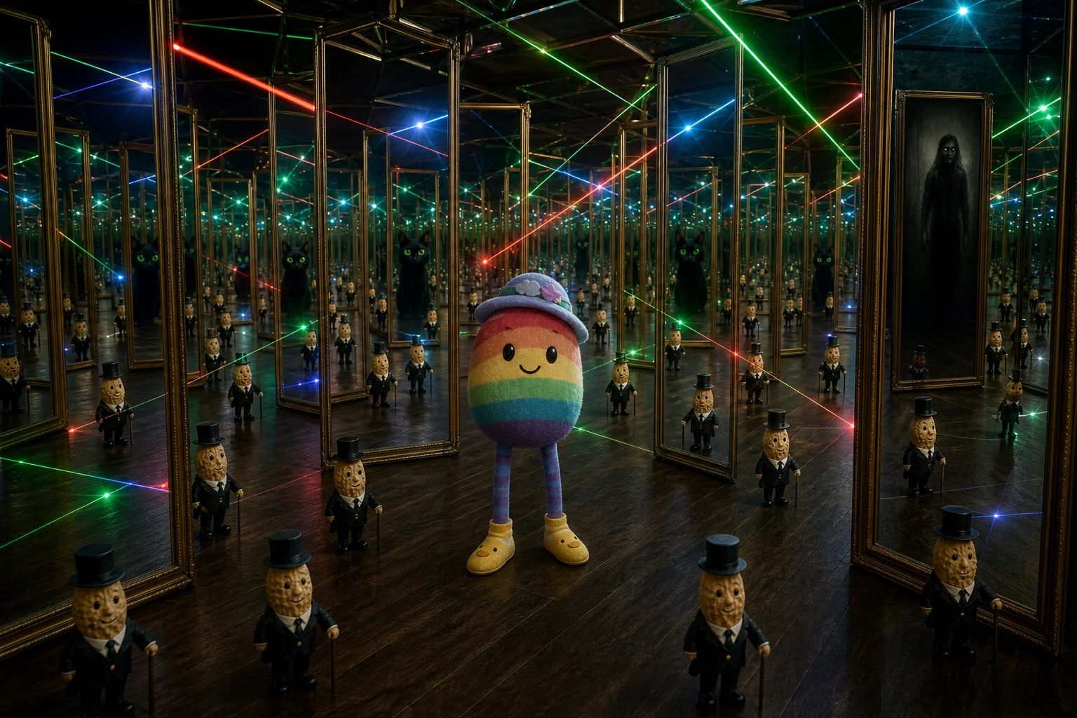A smiling rainbow bean plush with floppy legs, duck socks, and a whimsical hat stands amid 100 mirrors, where laser beams create vivid reflections and deep corridors of light.