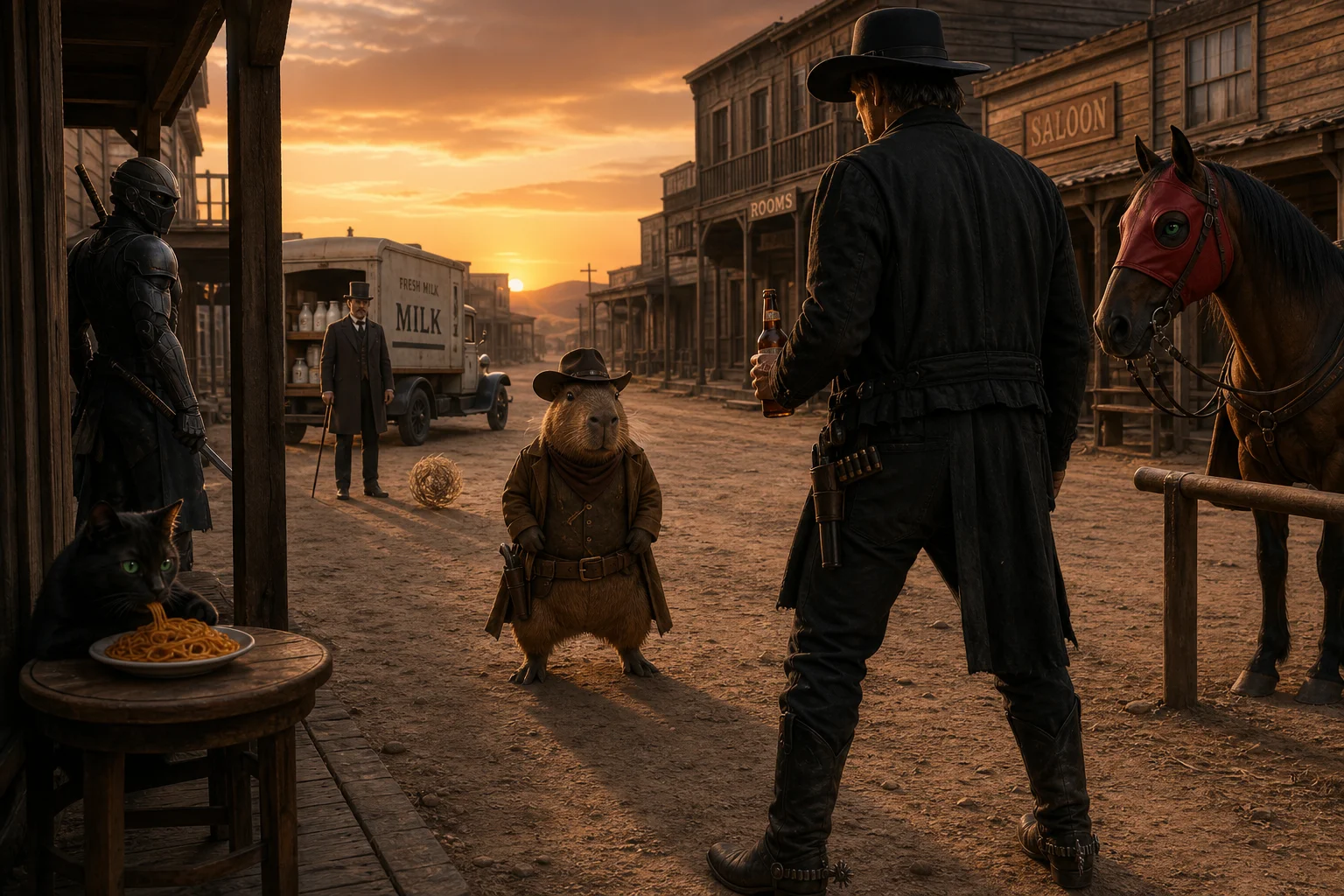 A cowboy-dressed capybara faces a rugged man in a tense duel on a dusty frontier town street at golden-hour sunset, while a cyborg ninja, spaghetti-eating cat, horse, and milk truck populate the scene.