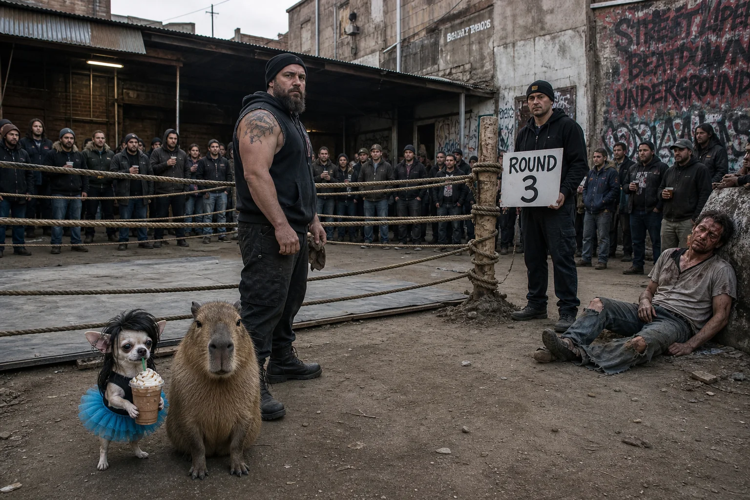 A gritty improvised street-fighting arena fills a worn urban alley, where a fighter waits beside the ring as a ring assistant displays the round number, with a dressed-up chihuahua, capybara, and defeated man nearby.