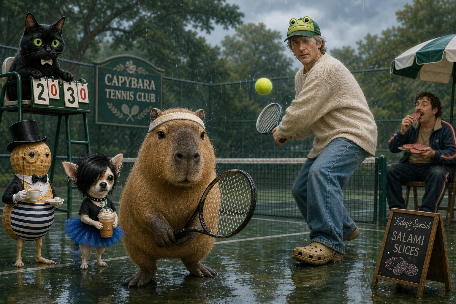 A cute capybara and a man play tennis on a rain-slick outdoor court as a black cat keeps score, surrounded by whimsical characters and soft, rainy daylight.