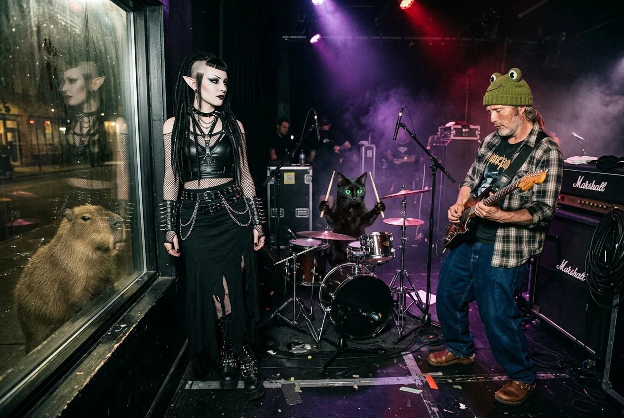A goth-styled elf stands near a backstage window as a capybara peers in, while a green-eyed black cat drums and a guitarist performs on a smoky, spotlighted heavy-metal stage.
