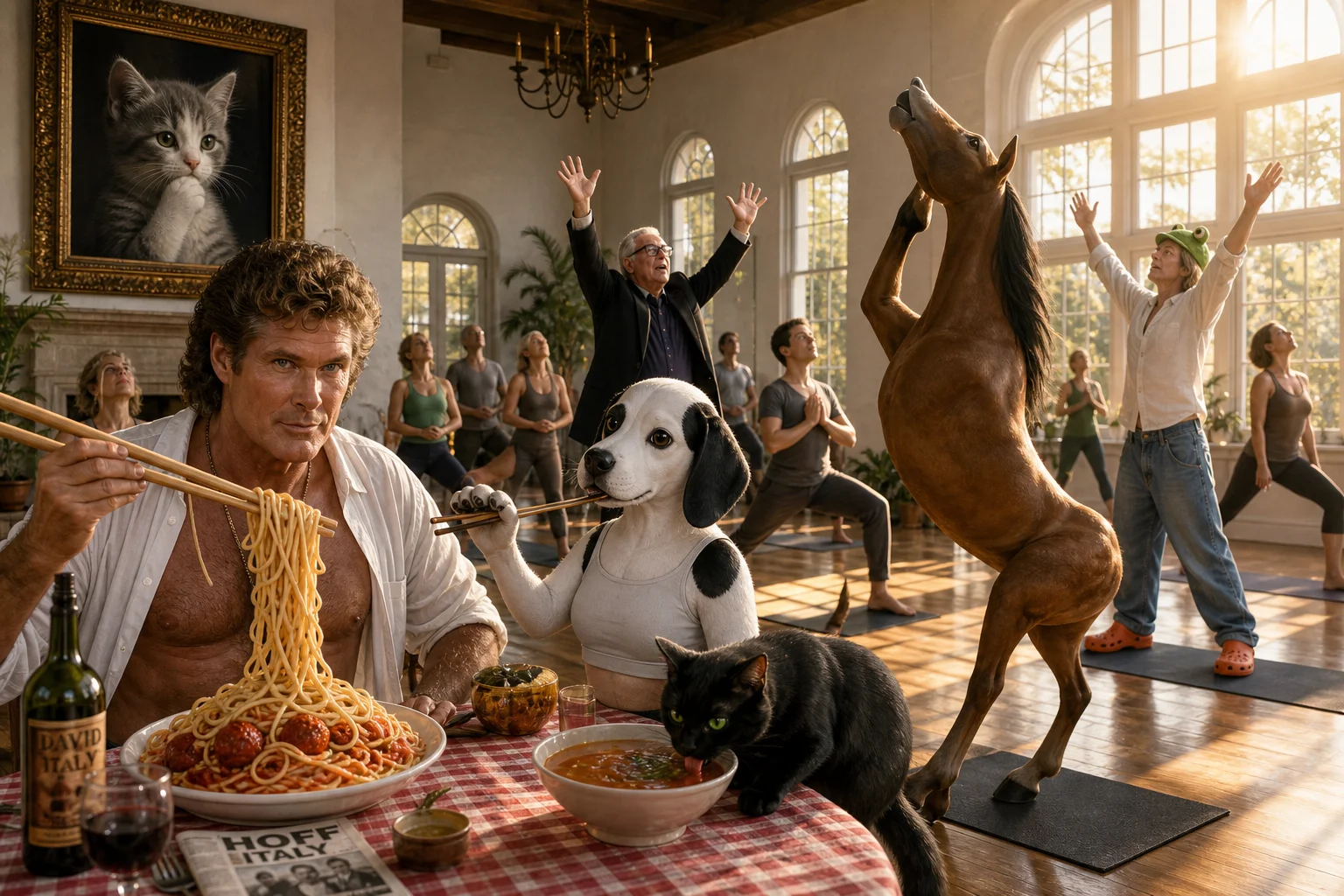 A surreal sunlit dining hall doubling as a yoga studio features a glamorous man eating spaghetti with giant chopsticks, a beagle and cat sharing soup, and a horse performing yoga nearby.