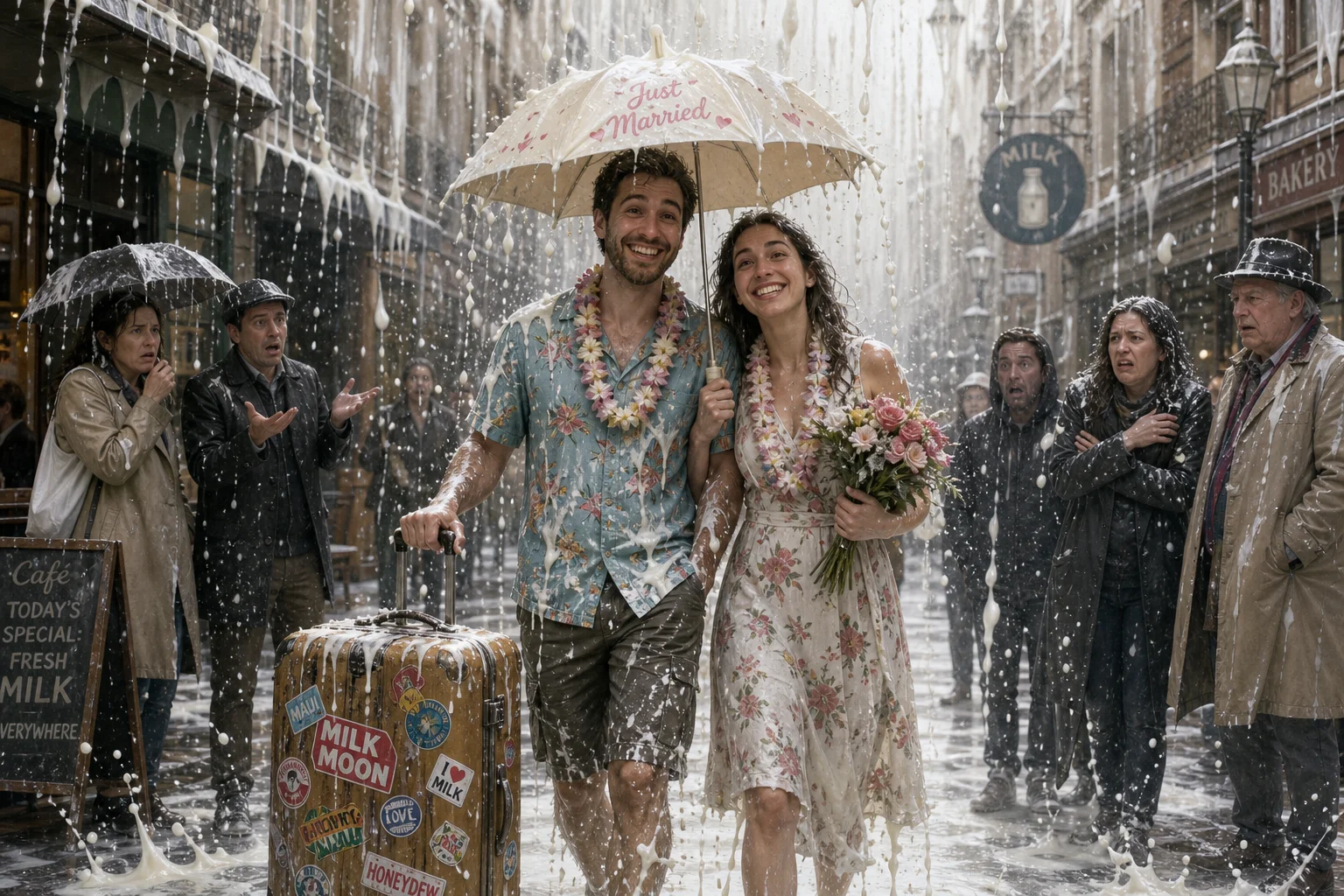 A cheerful adult couple walks beneath a tiny honeymoon umbrella through a surreal downpour of milk on a city street, carrying a sticker-covered suitcase as bewildered onlookers stare.