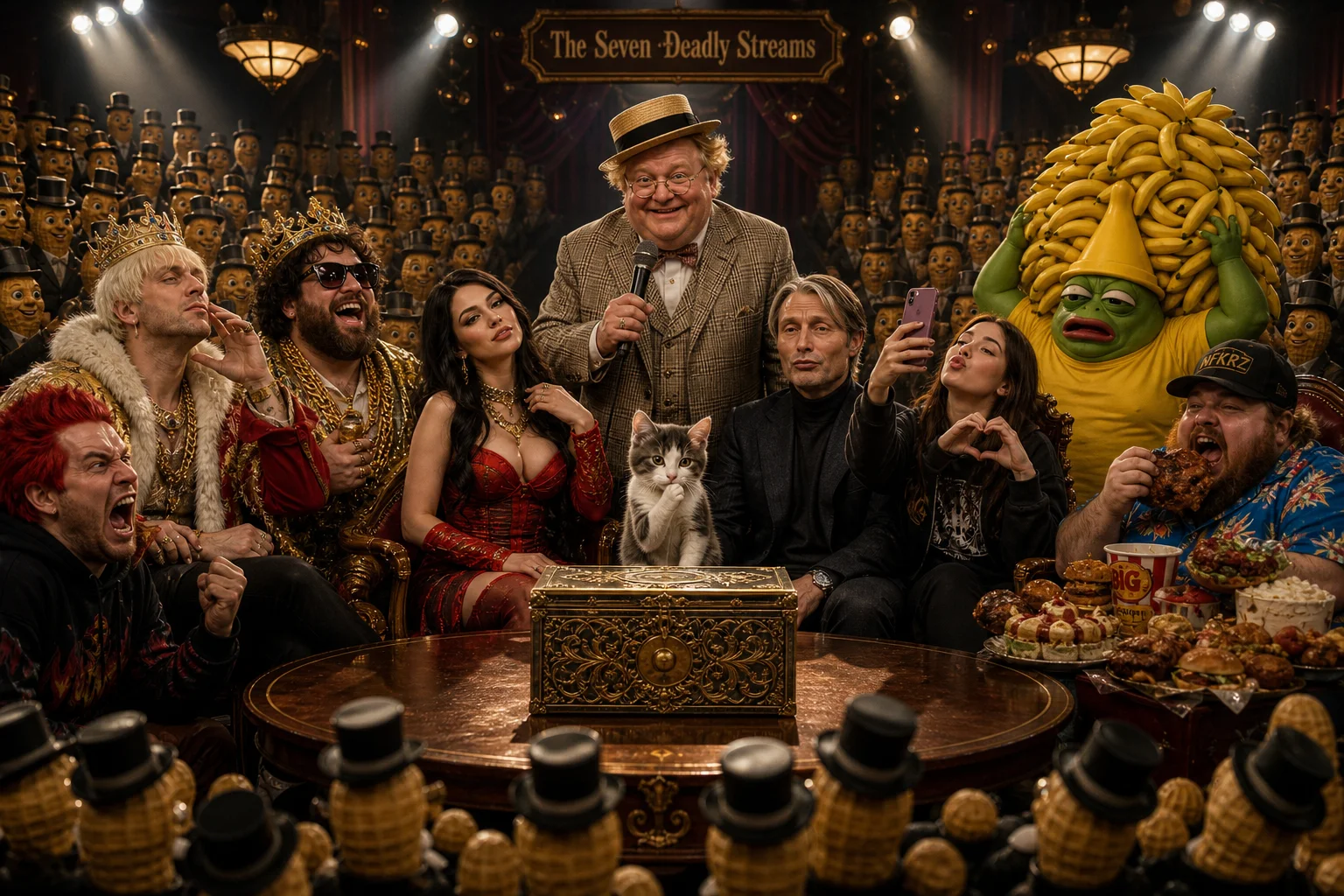 A cinematic interview unfolds on a grand dark stage, where seven costumed figures and a vintage-suited host surround an ornate closed box, while a kitten, banana-laden frog, and peanut-filled audience add surreal humor.