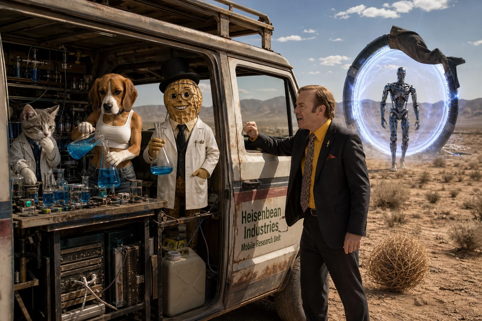A distinctive van sits in a sun-baked desert as a kitten, cartoon beagle, and anthropomorphic peanut conduct chemistry inside while Saul Goodman knocks, tumbleweeds blow, and a glowing portal releases a metal robot behind them.