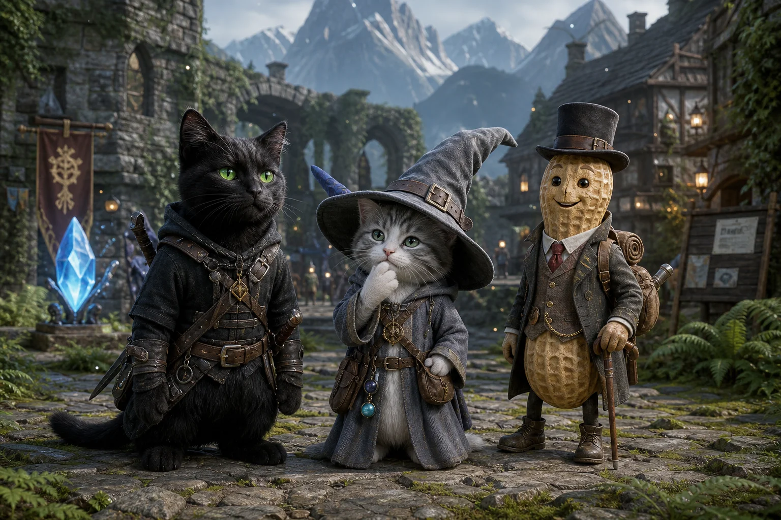 A black cat, thoughtful wizard-hat kitten, and smiling gentleman peanut gather as adventurers in a mossy enchanted medieval village square beside ruins and glowing quest crystals.