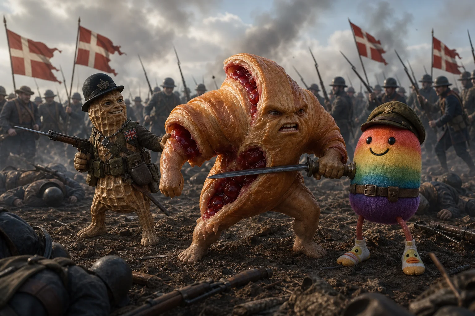 A cherry-filled anthropomorphic croissant bravely faces Danish soldiers on a dramatic battlefield, accompanied by a gentlemanly peanut and a cheerful rainbow bean plush in playful wartime gear.