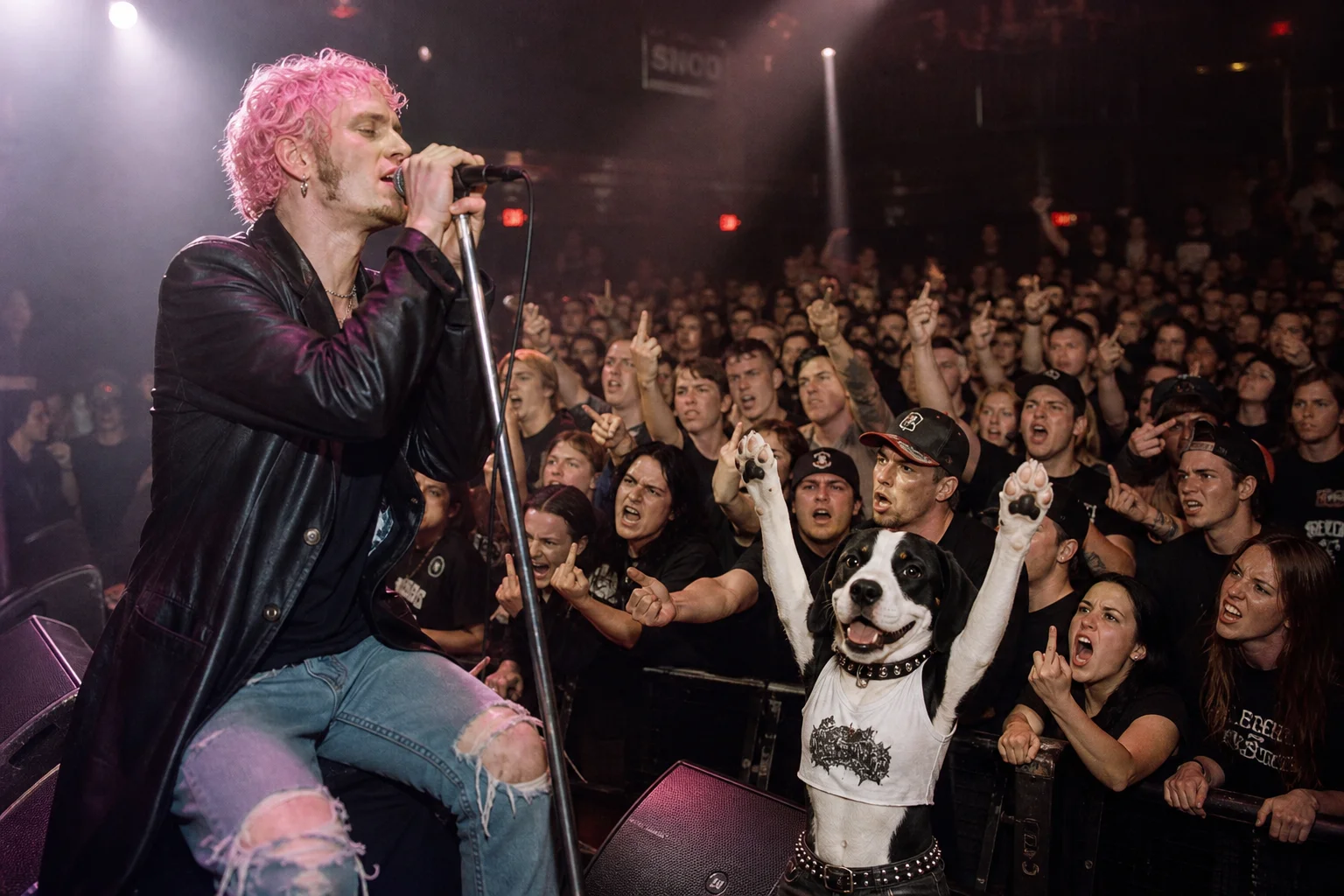 A pink-haired rock singer performs under dramatic spotlights onstage while an upright cartoon beagle cheers in the foreground amid a packed indoor audience that boos and jeers.