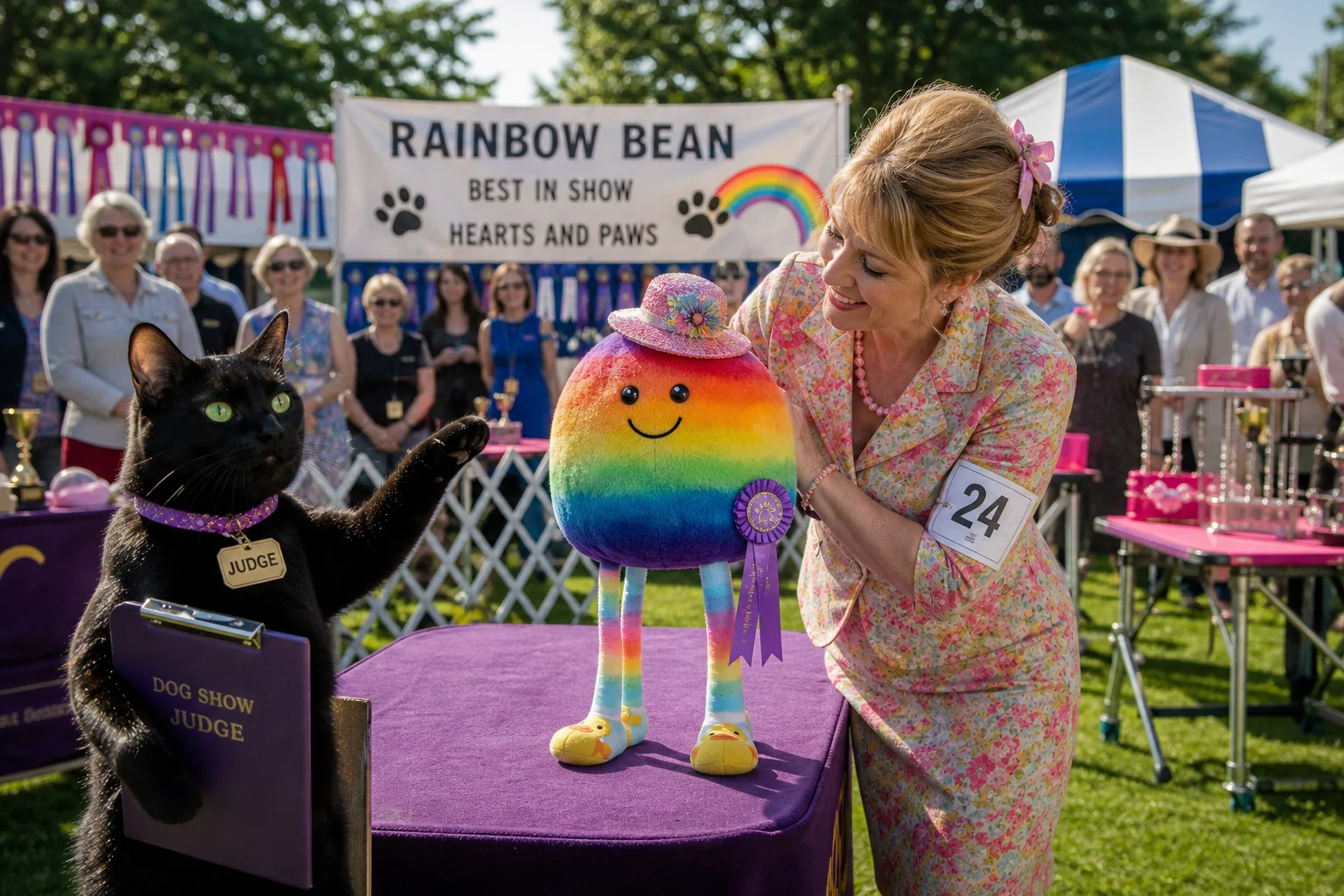 A rainbow-colored plush dog with floppy legs, duck socks, and a hat is proudly presented by its adoring owner while a green-eyed black cat officiates an outdoor dog show surrounded by spectators and ribbons.