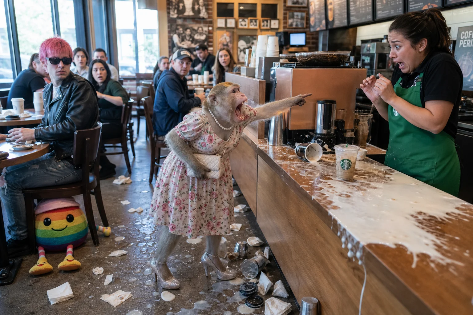 A baby monkey in a floral dress angrily screeches at a recoiling barista behind a café counter, amid spilled coffee, toppled cups, and startled customers in a busy coffee shop.