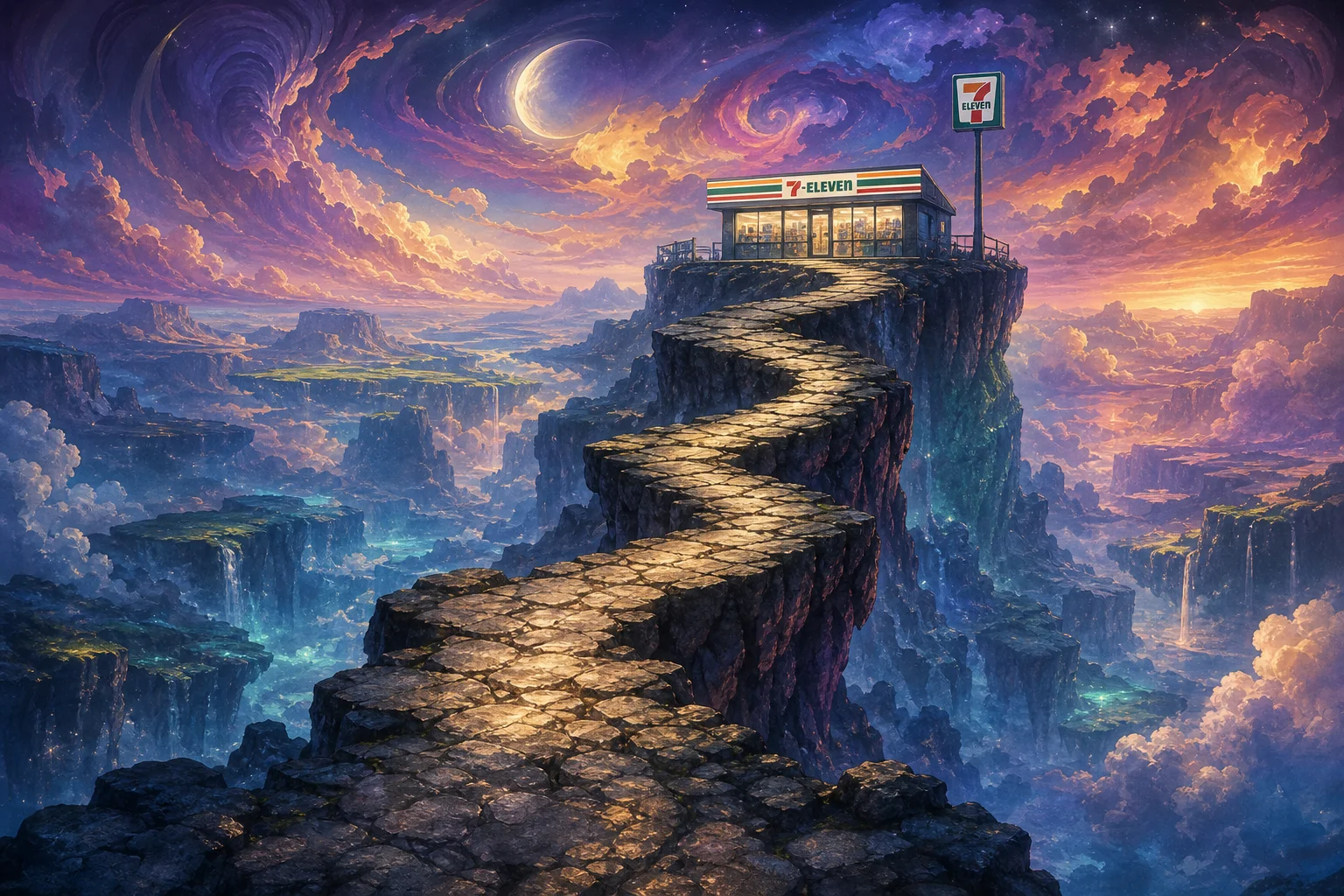 A rugged stone path winds through a surreal, luminous dreamscape toward an isolated, brightly lit 7/11 convenience store beneath strange clouds.