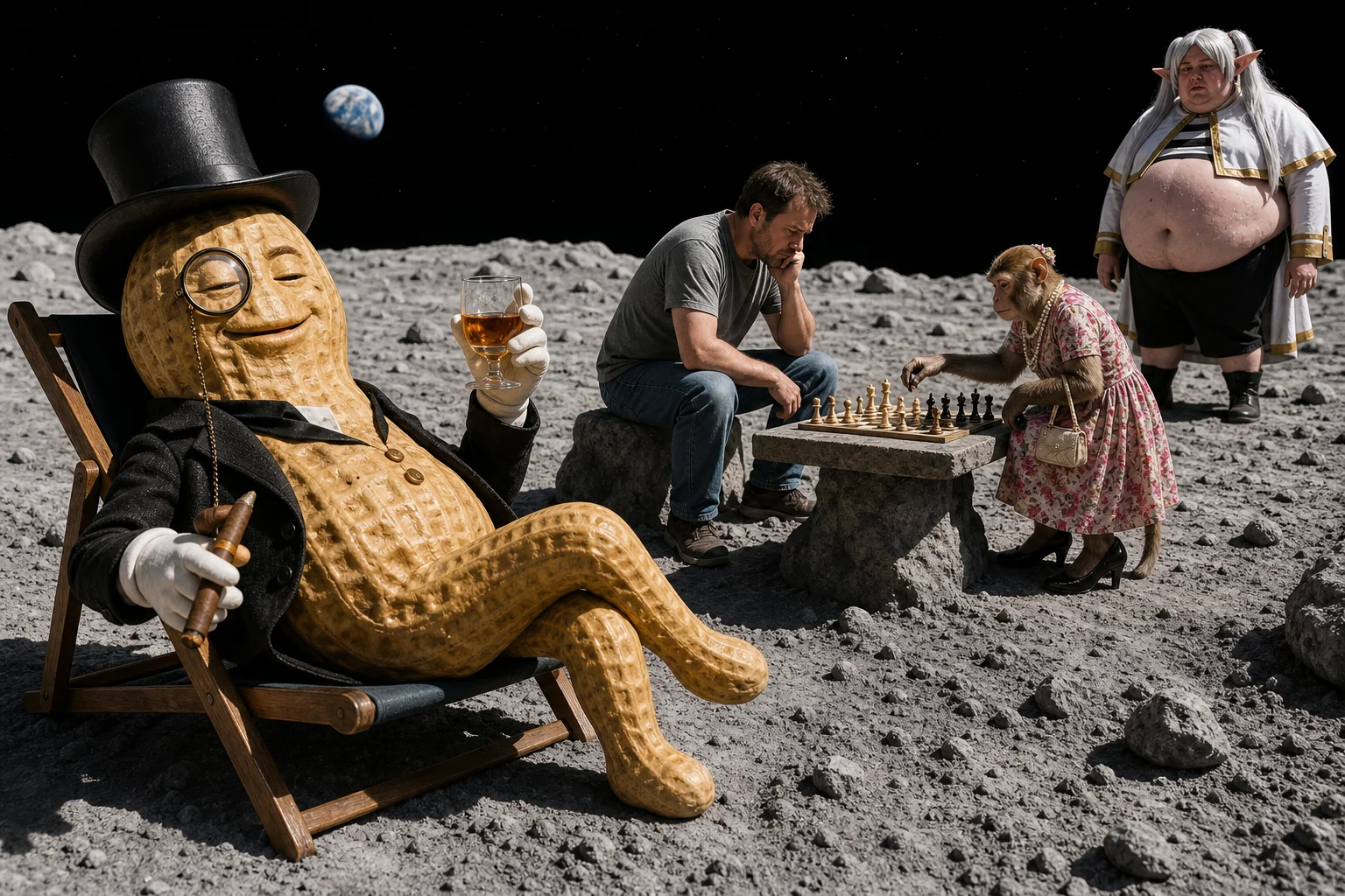 On the moon’s rocky surface, a smiling peanut dressed as a British gentleman reclines while a man and a monkey in a floral dress play chess at a small table, watched by a bewildered cosplayer under a black sky.