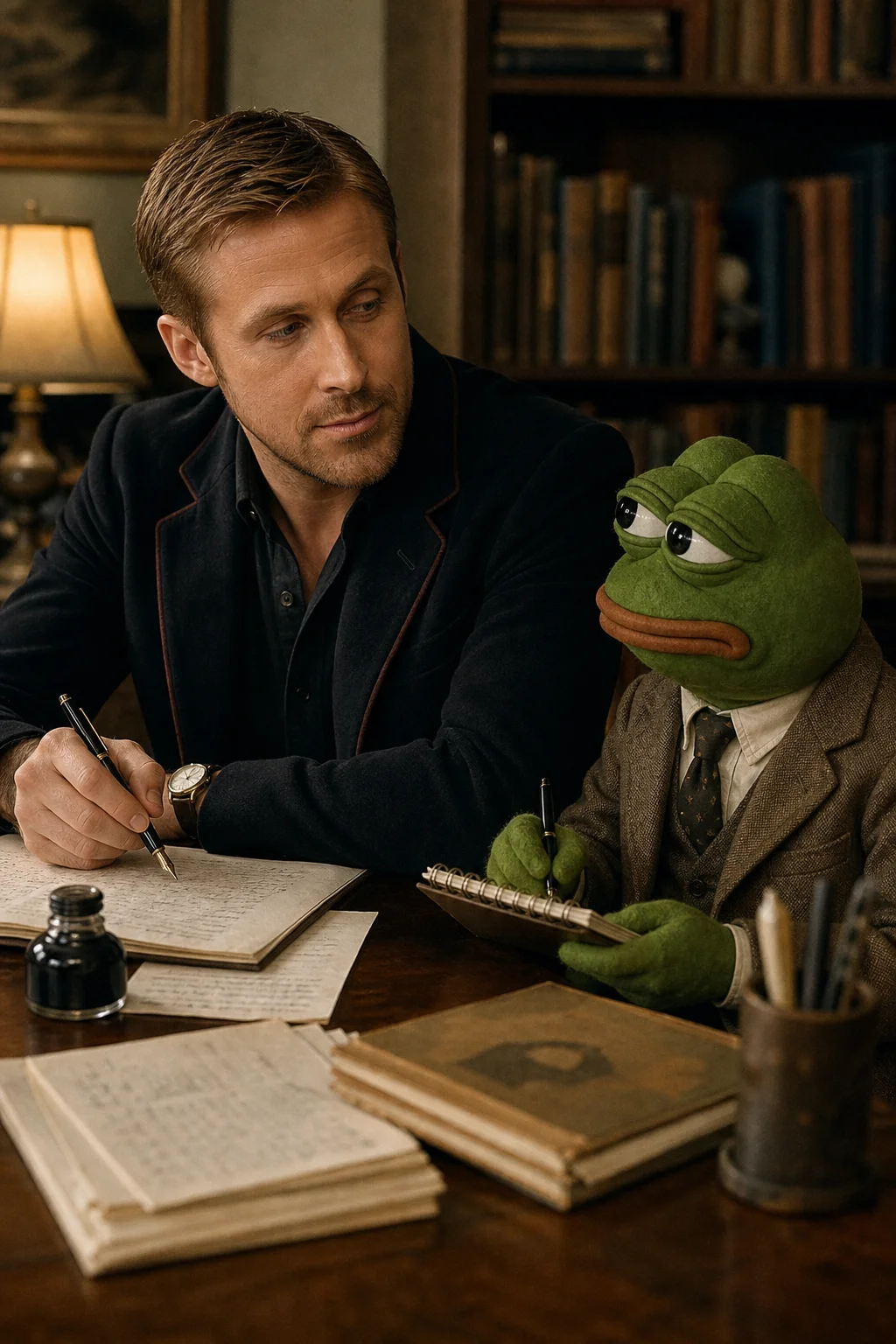 Ryan Gosling sits at a warmly lit vintage writing desk while Pepe the Frog takes notes in a notebook, with papers, fountain pens, and softly blurred bookshelves in the background.