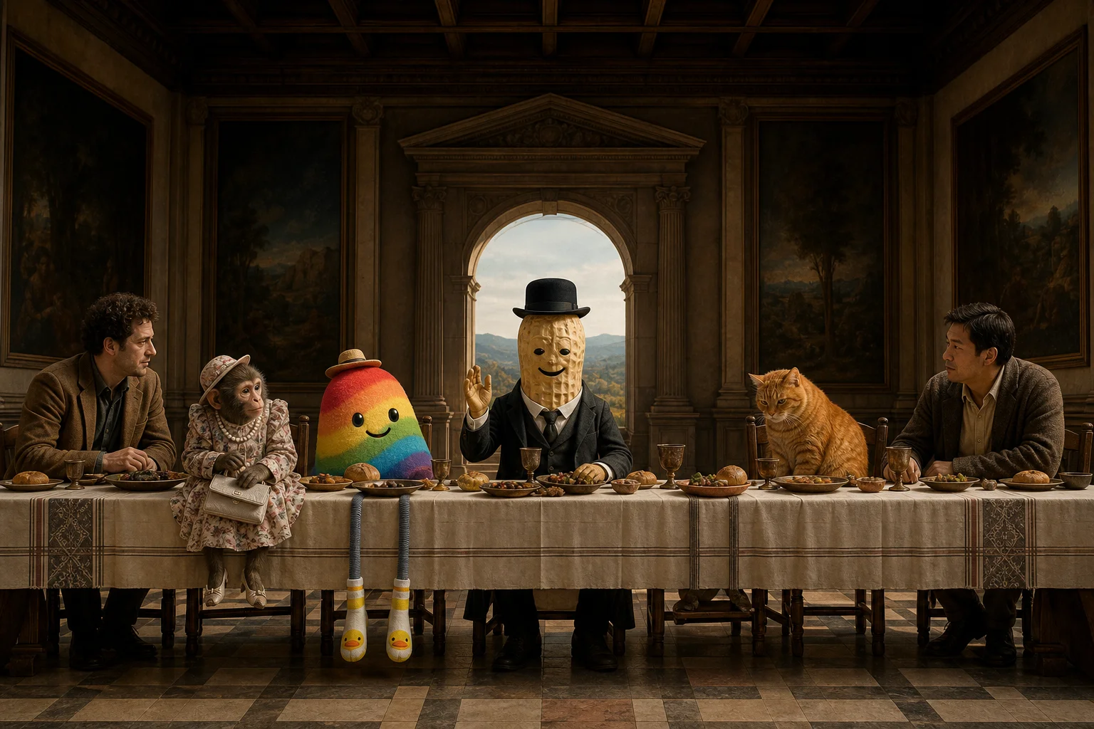 A smiling peanut dressed as a British gentleman blesses a meal at the center of a Last Supper-style table, surrounded by quirky companions including a monkey, bean plush, and cat in a grand Renaissance dining hall.