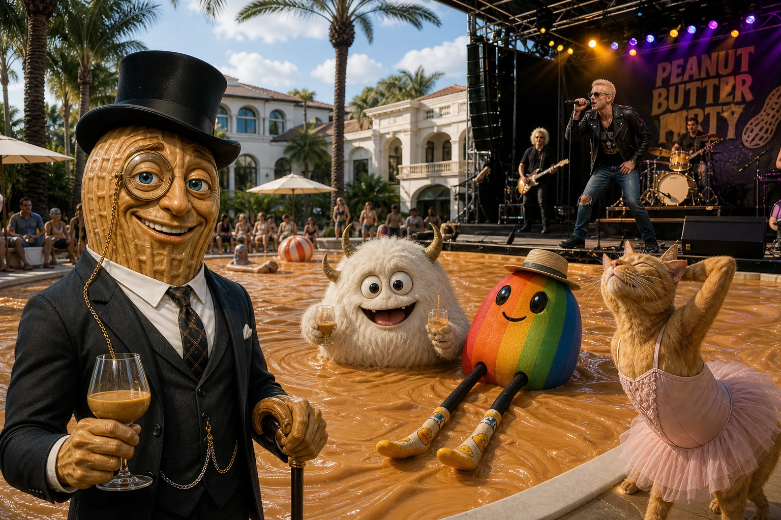 A muscular peanut in a formal suit hosts a lively party beside a pool filled with glossy peanut butter, joined by whimsical creatures, an awkwardly posed ballet cat, and a rock singer on a colorful stage at a sunny resort.
