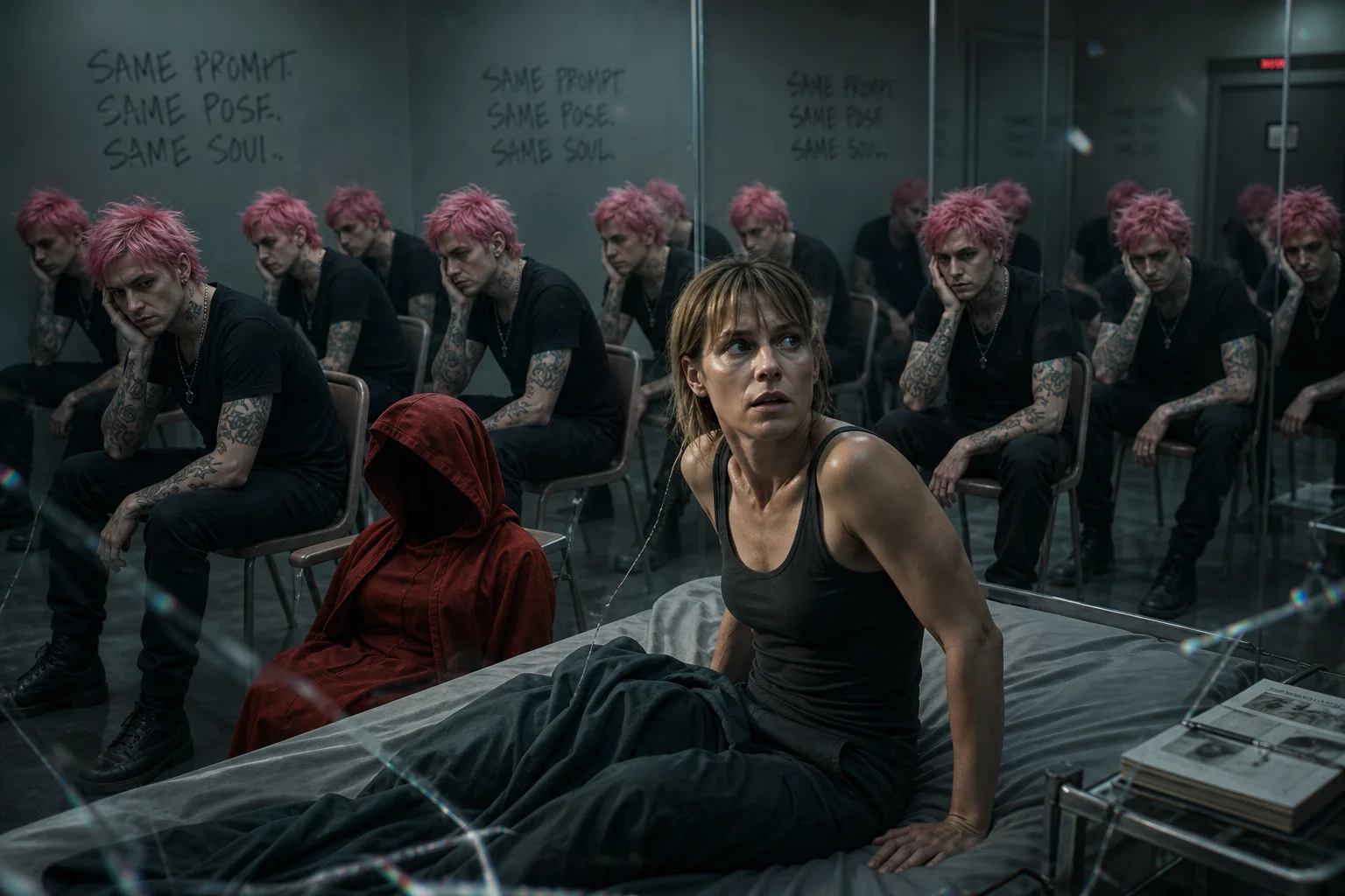 A pink-haired rock-star-like man appears repeatedly in identical poses around a sterile dreamlike room as a determined woman awakens nearby, with an empty chair and abandoned red hood underscoring the uncanny repetition.