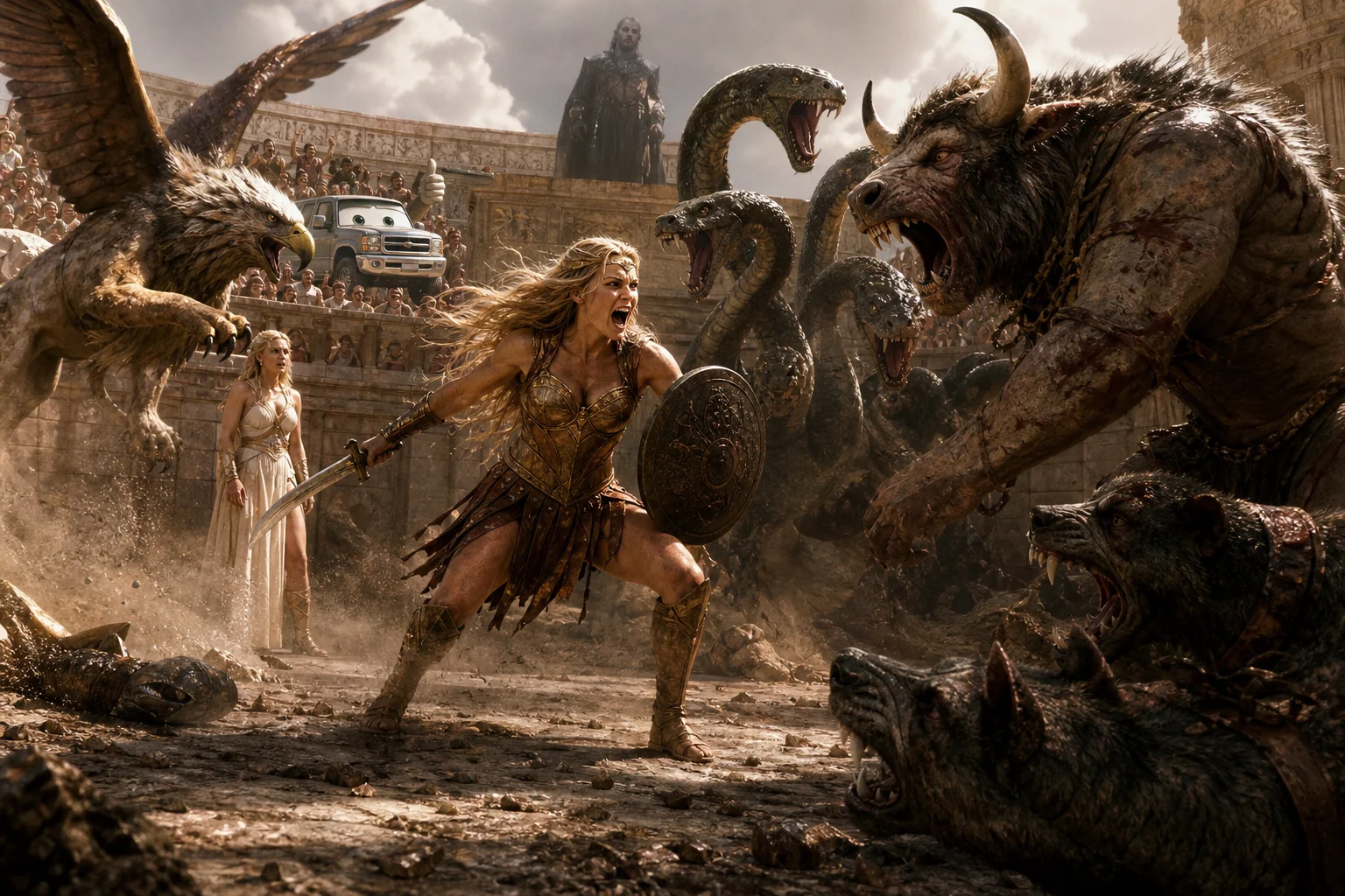 A fierce blonde warrior battles a minotaur, hydra, Cerberus, and griffin amid dust and debris in a sunlit ancient Greek arena, while spectators and shadowy Hades watch.