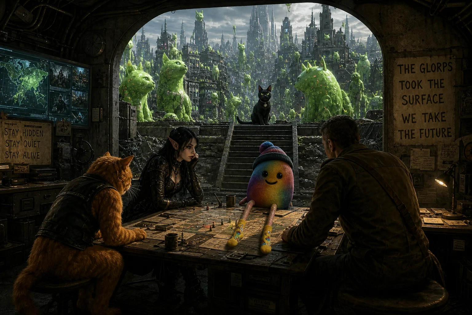 Four resistance figures—a slouching orange cat, goth elf, rainbow bean plush, and human leader—gather around a strategy table in a dramatic underground bunker while a city overrun by lime-green alien cats looms above.