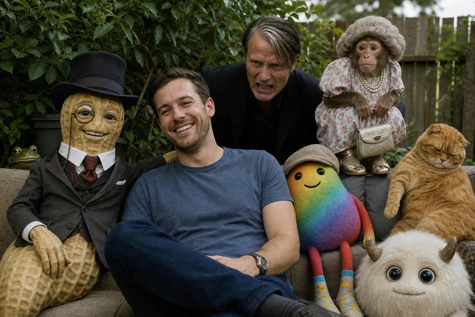 A smiling gentlemanly peanut and a casually dressed man relax outdoors while a frightening man creeps behind them, surrounded by whimsical costumed animals and colorful fantasy creatures.