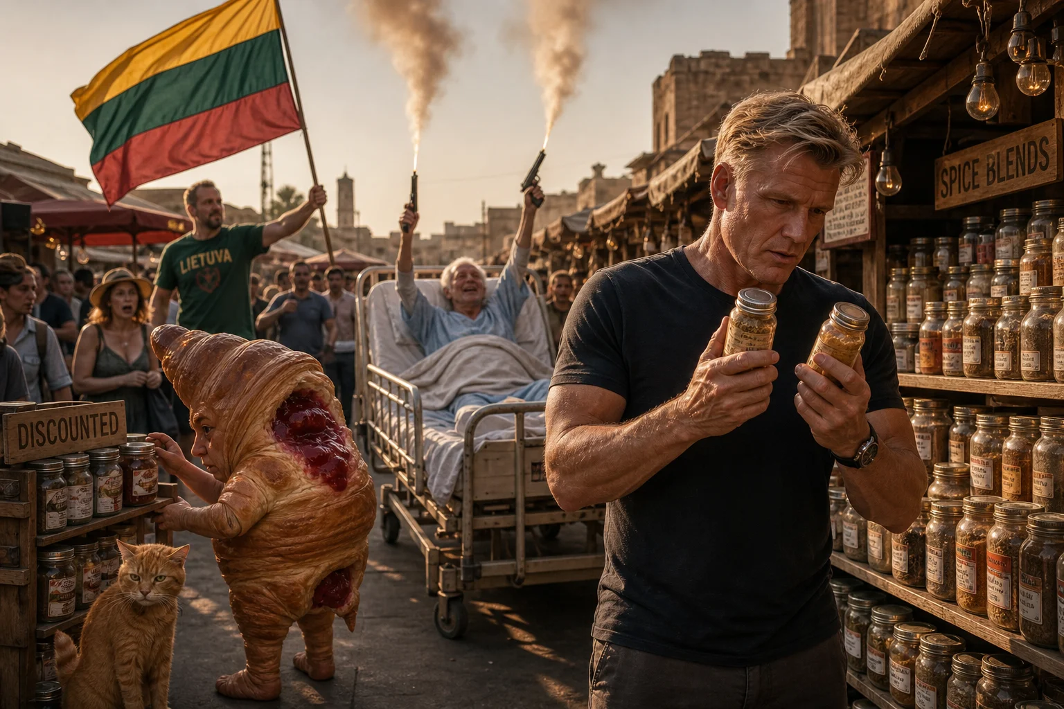 At a golden-hour open-air spice market, a man compares spice jars beside a cherry-filled anthropomorphic croissant and a slouched cat, while a distant man fires harmlessly skyward from a hospital bed amid startled onlookers.