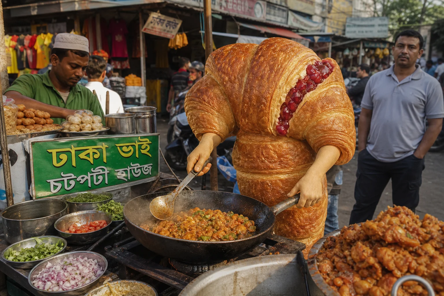 A cherry-filled anthropomorphic croissant cooks at a bustling Indian street-food stall, surrounded by colorful produce, steaming dishes, vendors, and curious customers in warm daylight.