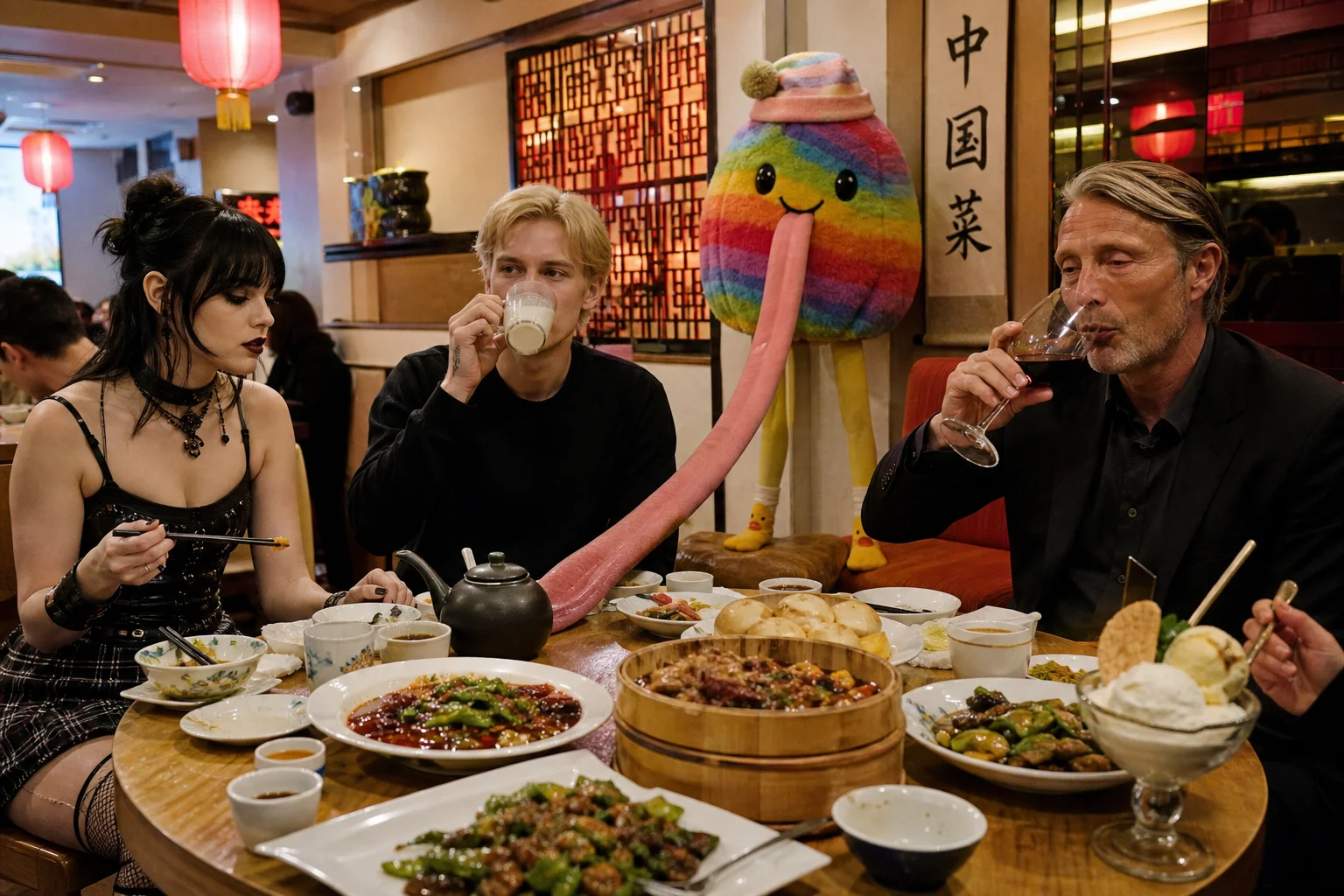 A goth woman and two men share a lavish meal in a lively Beijing restaurant while a smiling rainbow plush with long floppy legs stretches its tongue across the room toward the food.