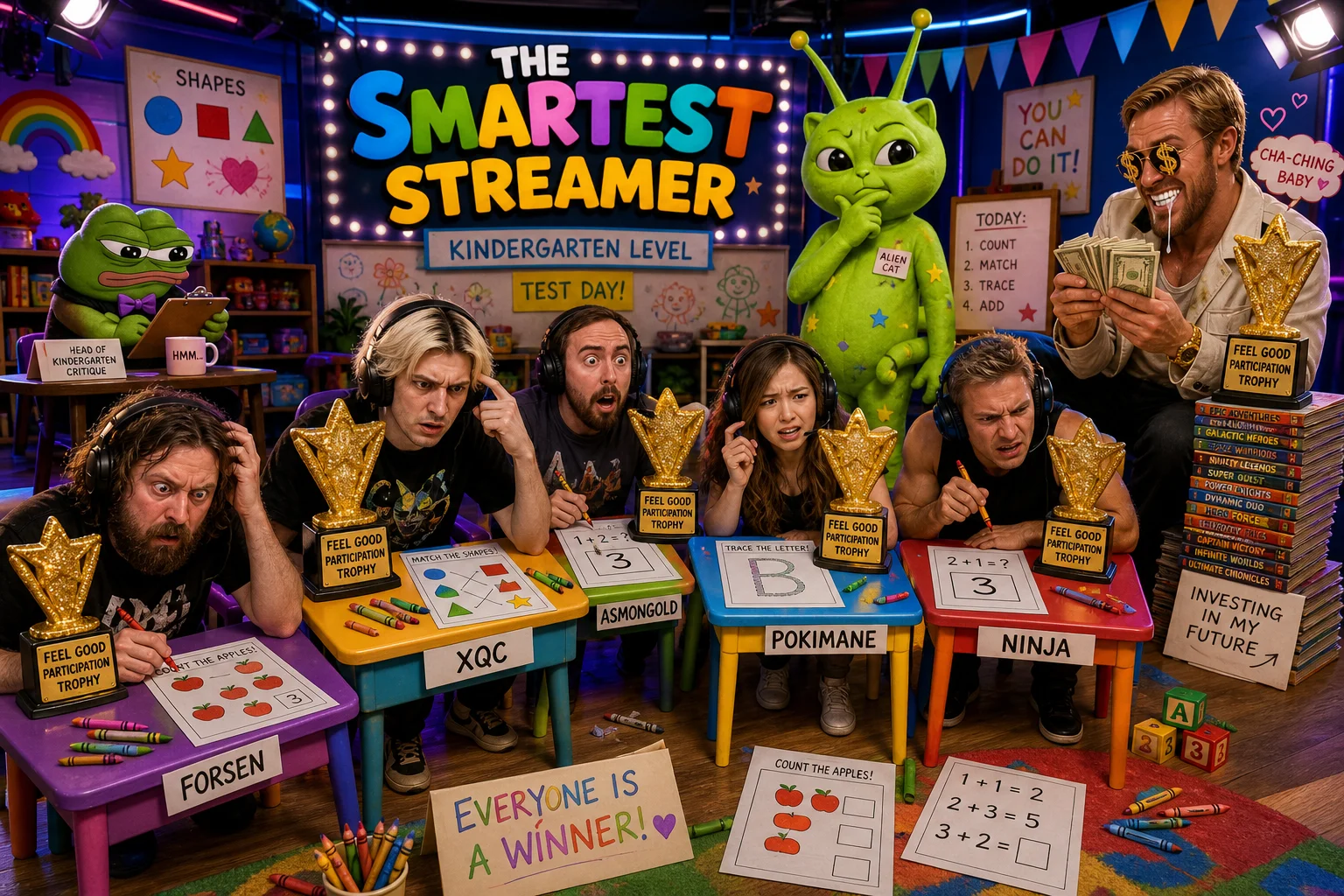 A chaotic, brightly lit streamer contest unfolds in a kindergarten-style classroom, where confused contestants tackle simple worksheets while a money-counting man, skeptical meme character, and friendly alien watch nearby.