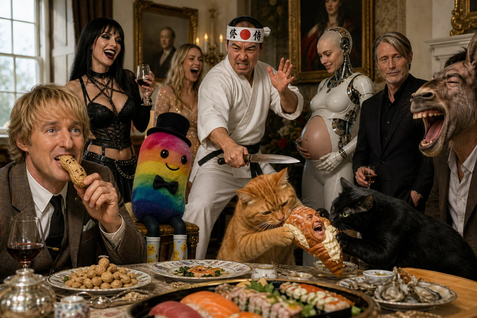 A surreal daylight banquet features a gentleman eating a smiling peanut, cats sharing anthropomorphic pastries, and an angry sushi chef surrounded by colorful guests in a lively, absurd comedy scene.