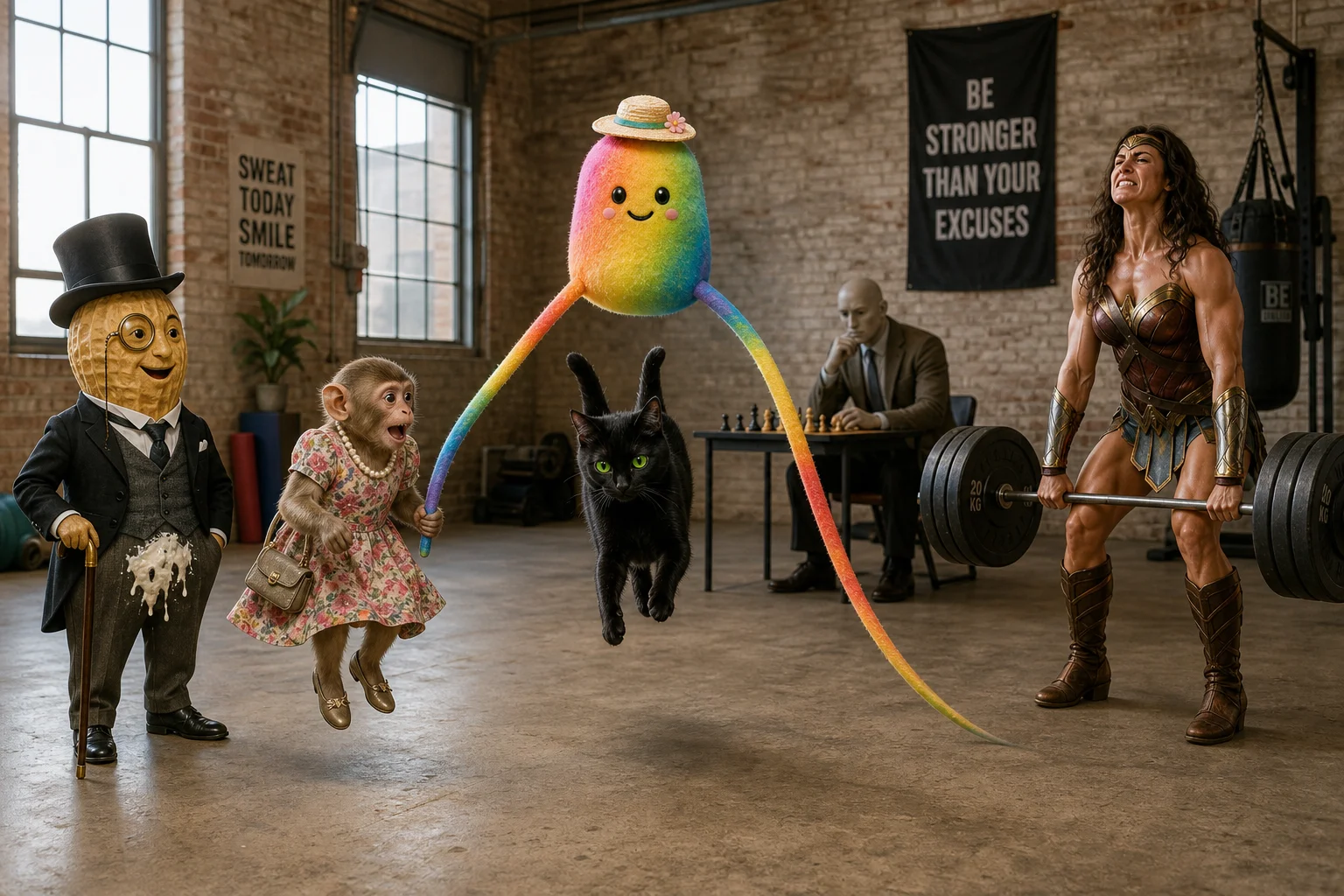 A baby monkey and green-eyed black cat swing a rainbow bean plush like a skipping rope while skipping together, surrounded by a chess player, weightlifting warrioress, and suited peanut at a playful indoor spectacle.
