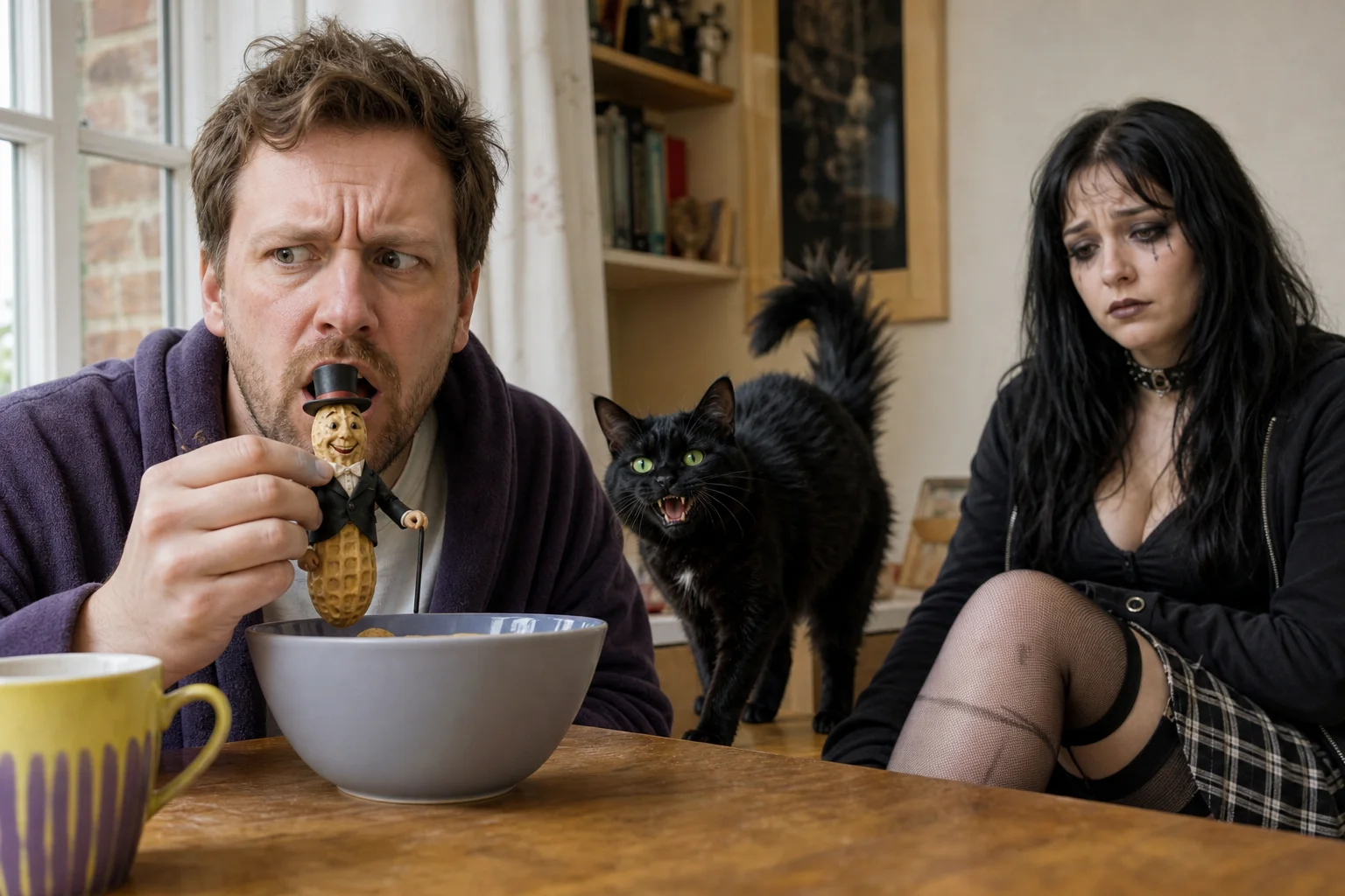 In a cozy room, a confused person eats a smiling peanut dressed as a British gentleman while a sad goth woman sits nearby and a black cat arches its back, hissing in the natural window light.