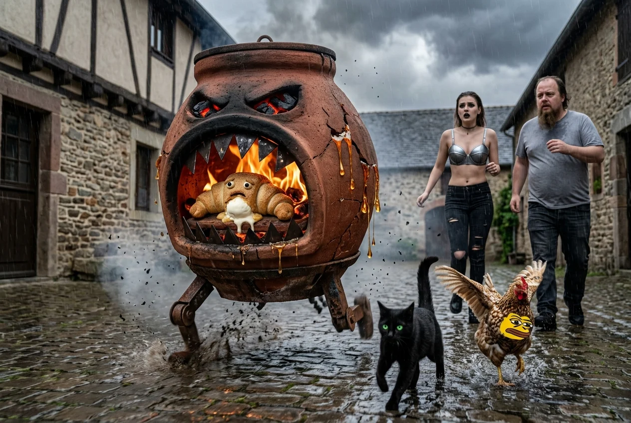 A menacing anthropomorphic clay tandoor with glowing eyes and metal teeth races through a rain-soaked rustic courtyard, chasing a frightened black cat and white chicken amid flames, storm clouds, and flying debris.