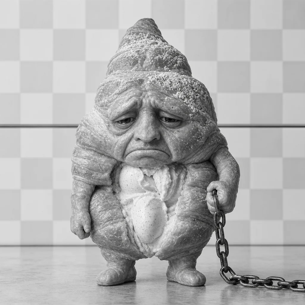 A sorrowful anthropomorphic croissant with vanilla ice cream filling clenches a chain in a bright grayscale studio, set against a subtle checkerboard backdrop and thin gray line.