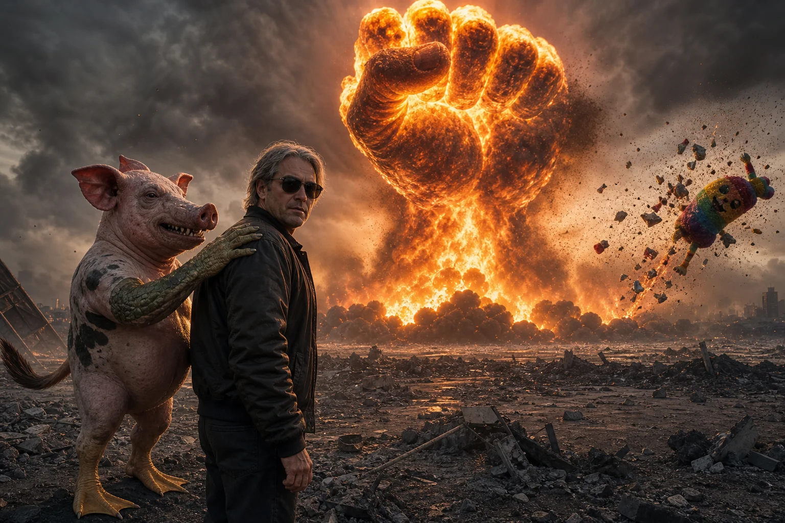 A man in sunglasses and a rugged jacket stands before a colossal fist-shaped nuclear mushroom cloud, while a surreal pig-headed creature touches his shoulder amid smoke, debris, and a distant plush figure blown apart.