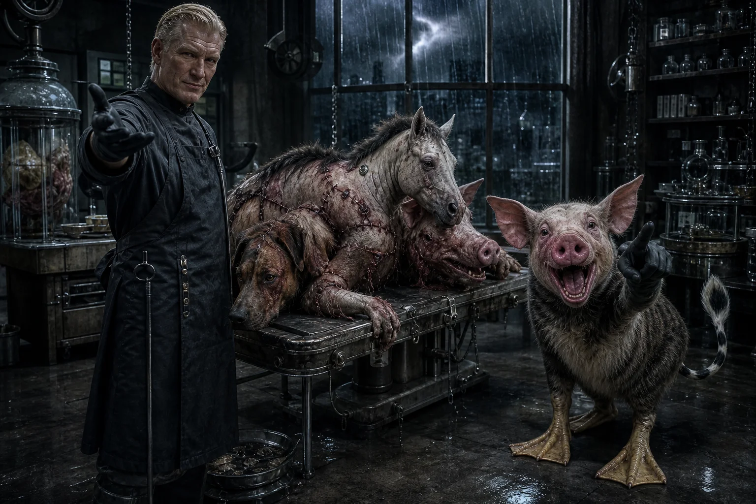 In a sinister, rain-streaked laboratory, an intimidating doctor beckons beside an operating table holding a grotesque animal hybrid, while a second bizarre creature points toward the camera.