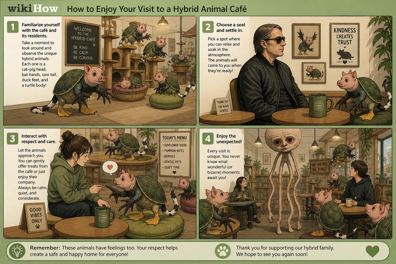A four-panel comic shows a sunglasses-wearing man at a café table, a lanky oversized-headed figure, and whimsical turtle-bodied hybrid animals interacting in a warm, cozy animal café.