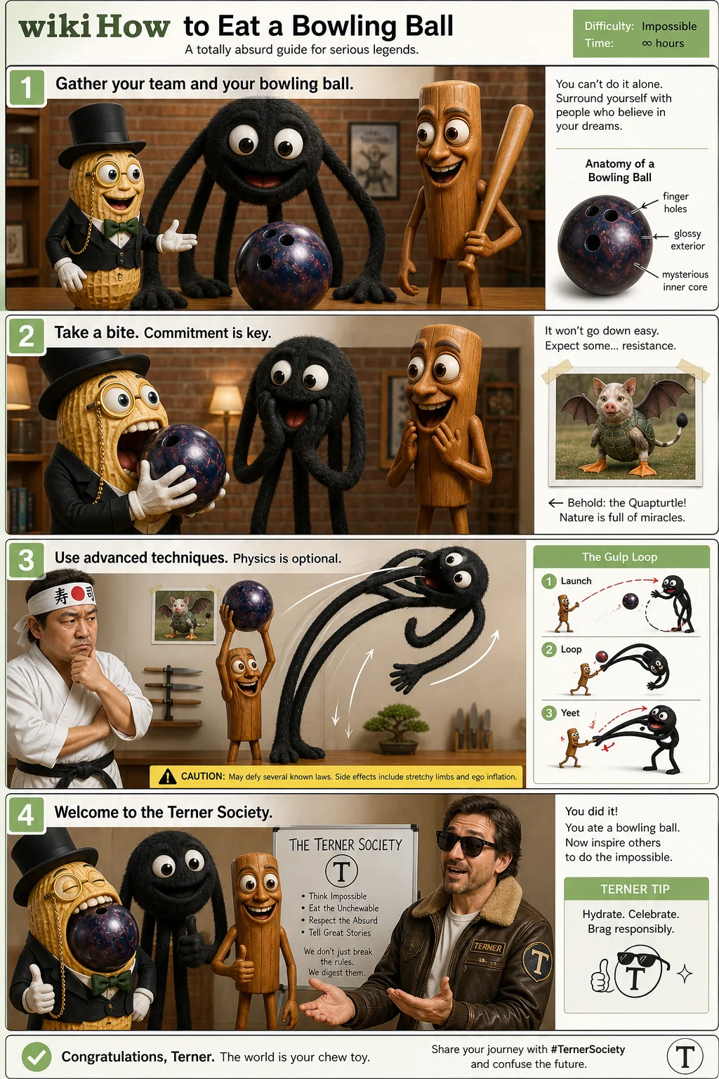 A humorous four-panel instructional comic shows surreal characters theatrically attempting to eat a bowling ball, with exaggerated demonstrations and reactions in a bright, photorealistic wikiHow-style layout.