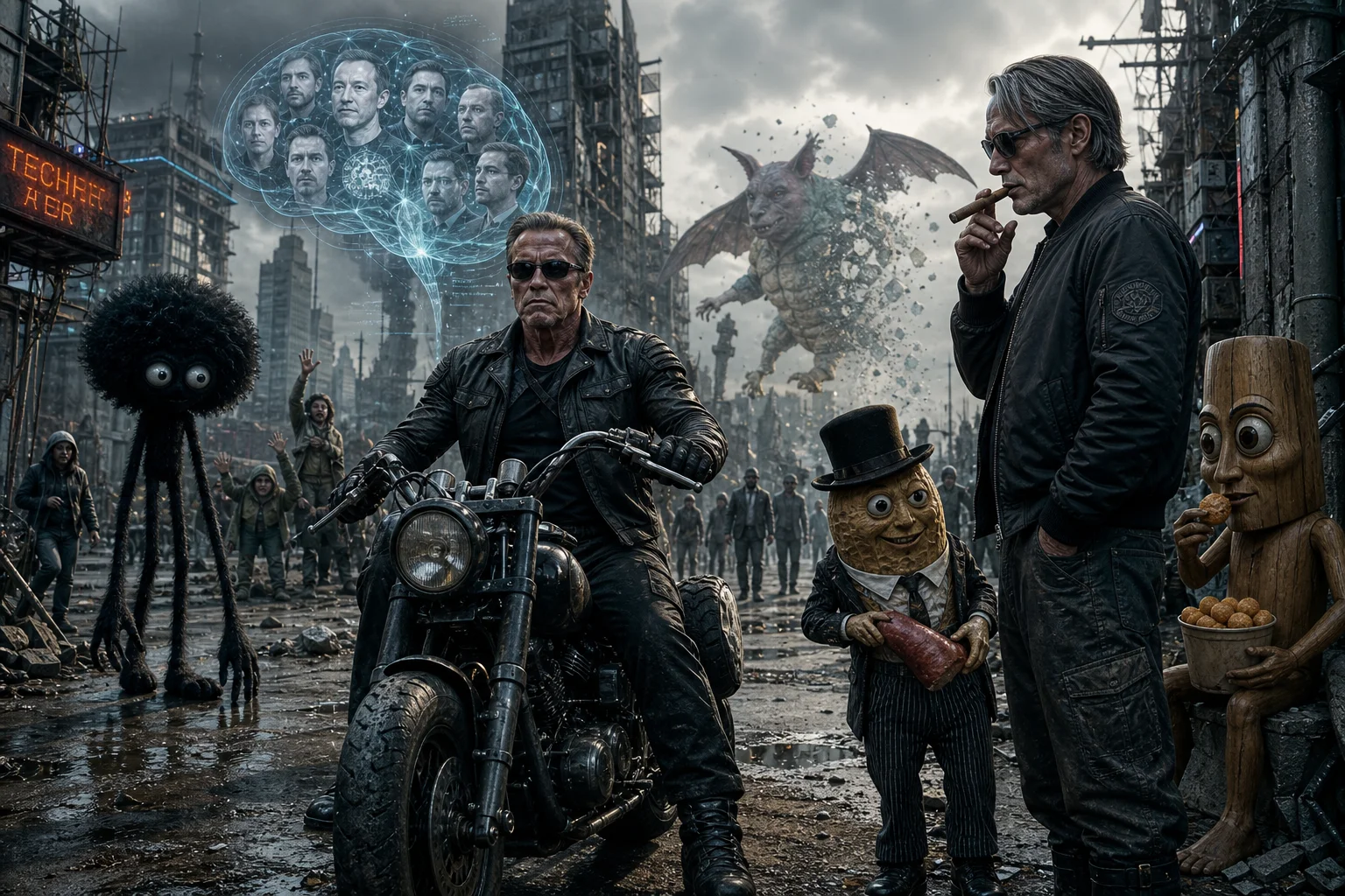 A muscular older time traveler in sunglasses rides a rugged motorcycle through a ruined post-apocalyptic city, as desperate workers emerge from buildings beneath smoke, broken neon, and a hovering neural-network projection.