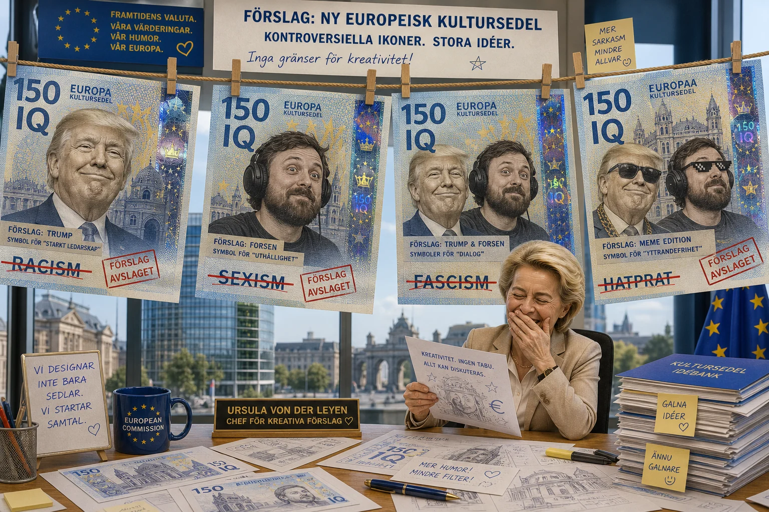 A satirical banknote design studio displays oversized blue-and-gold mock bills on a clothesline while Ursula von der Leyen reviews rejected slogan sketches at a table amid European architectural motifs.