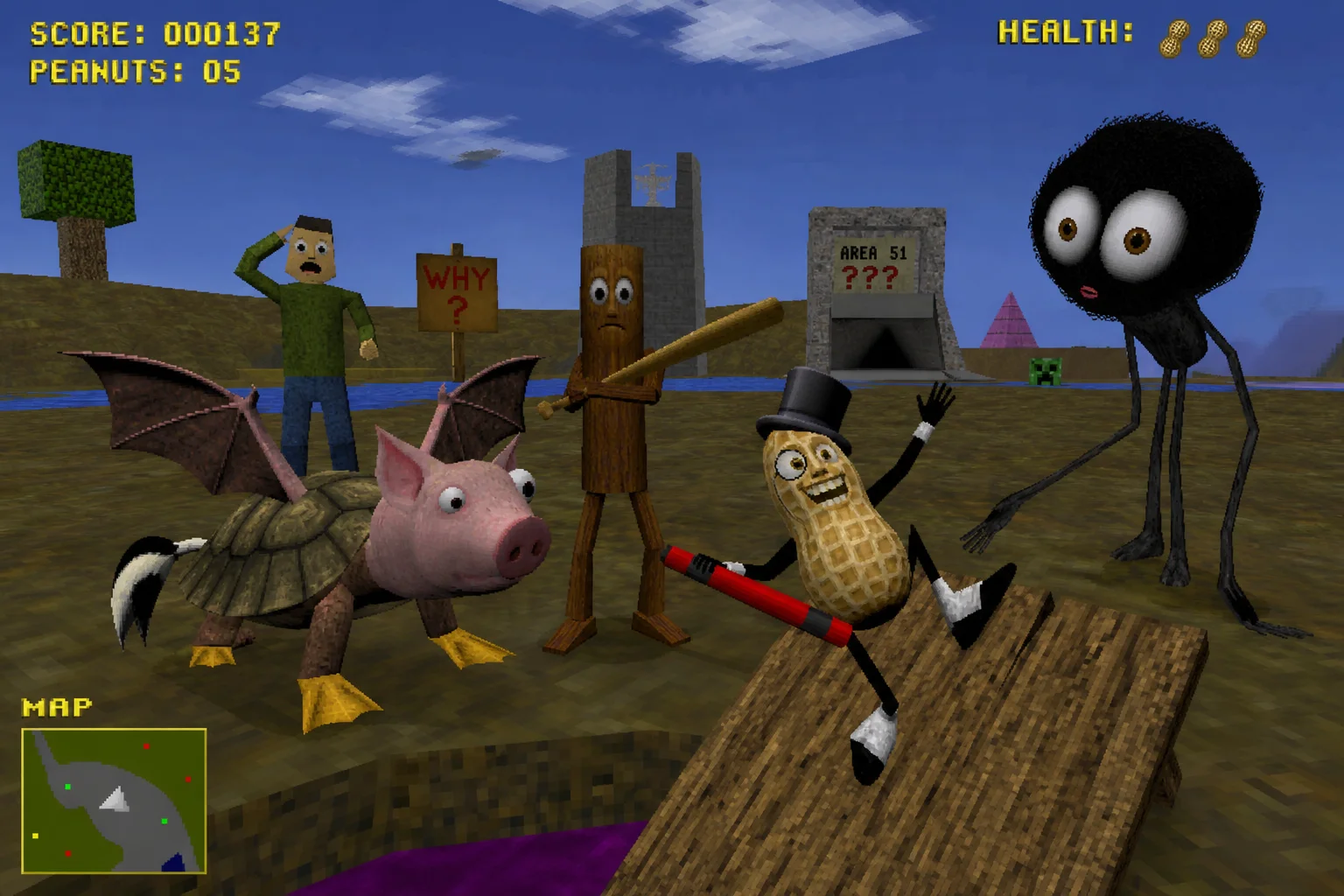 A crude early-3D game scene shows a bizarre hybrid creature, bat-wielding wooden humanoid, stunt-performing gentleman peanut, lanky black being, and confused figure amid a surreal low-poly environment.