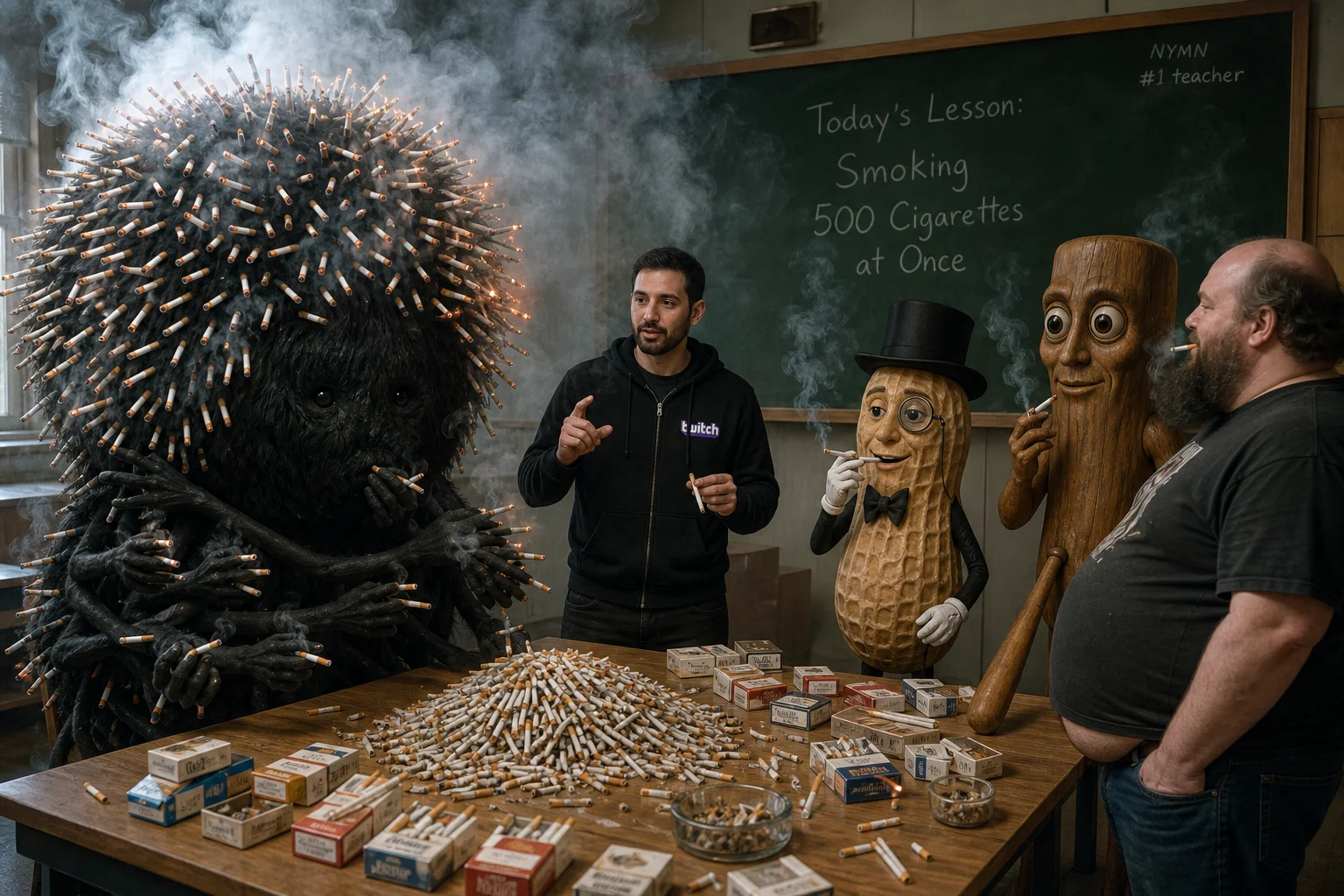 A surreal classroom scene shows a streamer leading a bizarre mass-smoking demonstration, surrounded by a many-armed black creature, a gentleman peanut, a wooden figure, and a curious man amid swirling smoke.