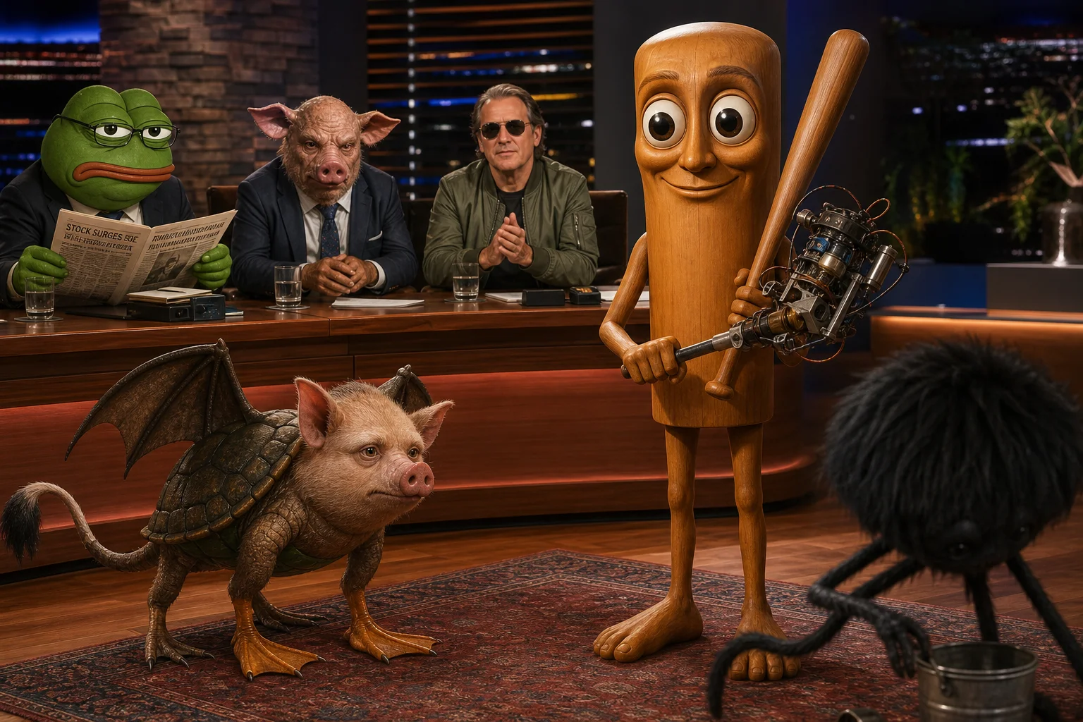 A wooden humanoid with huge eyes presents a homemade baseball-bat invention in a polished investment-pitch studio, while a panel of investors and bizarre hybrid characters watch with mixed amusement and approval.