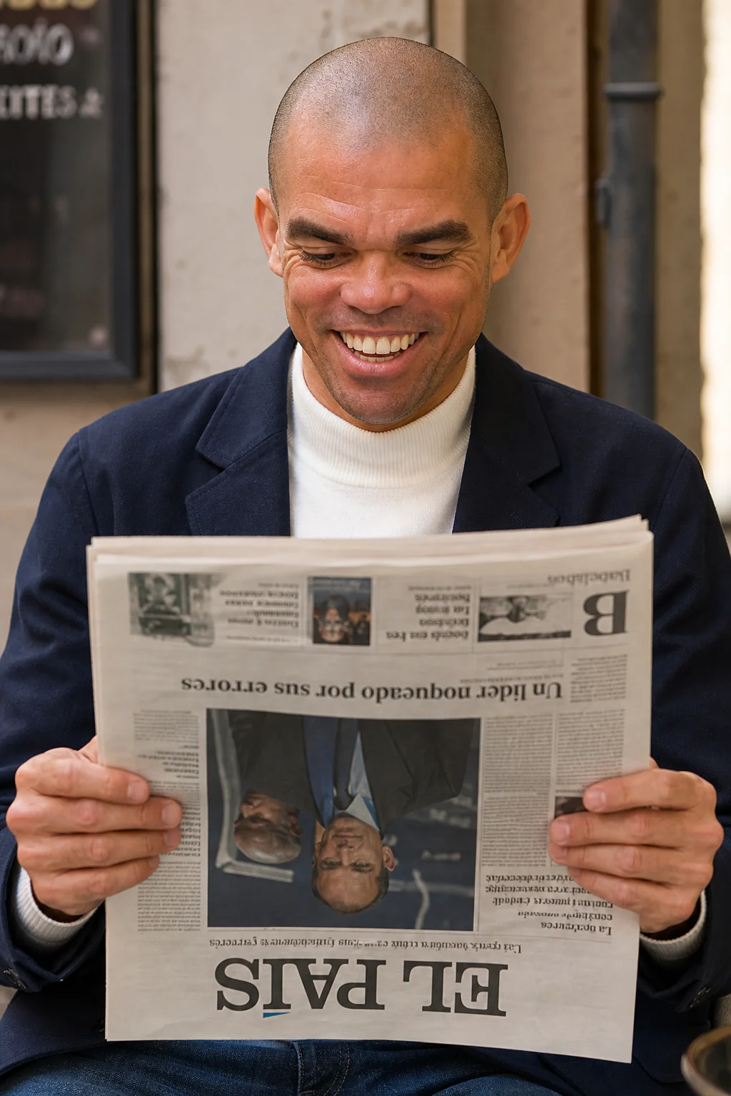 A cheerful, glasses-free Pepe smiles warmly while looking down and holding an upside-down newspaper in a relaxed, naturally lit setting.