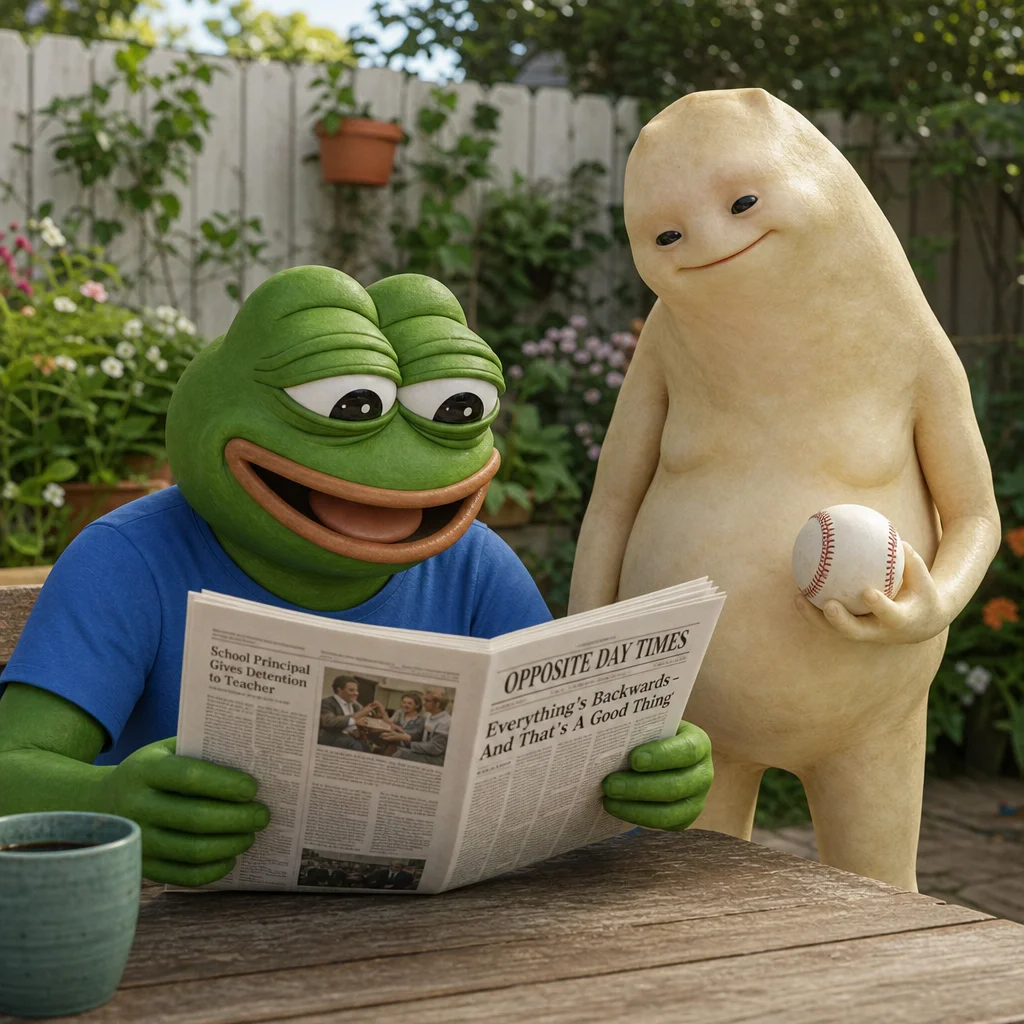 A cheerful green frog looks down at a newspaper beside a soft, pale humanoid figure holding a baseball, both standing together in a surreal photorealistic outdoor scene lit by natural daylight.