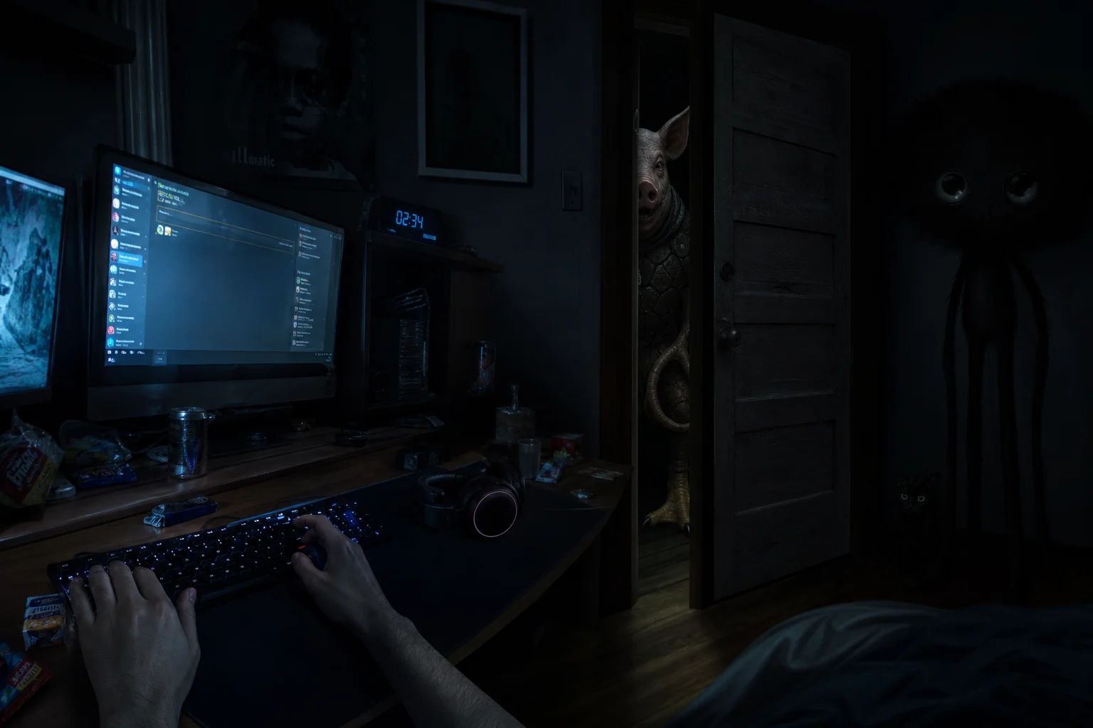 A dim bedroom gaming setup glows blue at night as a surreal winged creature peers through a nearly closed door, while a black cat and shadowy long-limbed figure linger nearby.
