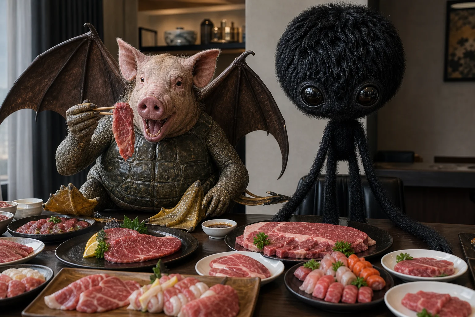 A surreal pig-headed, bat-winged turtle creature with duck feet and a cow tail sits at a dining table laden with raw meat, beside a tall black fluffy being, in a naturally lit indoor setting.