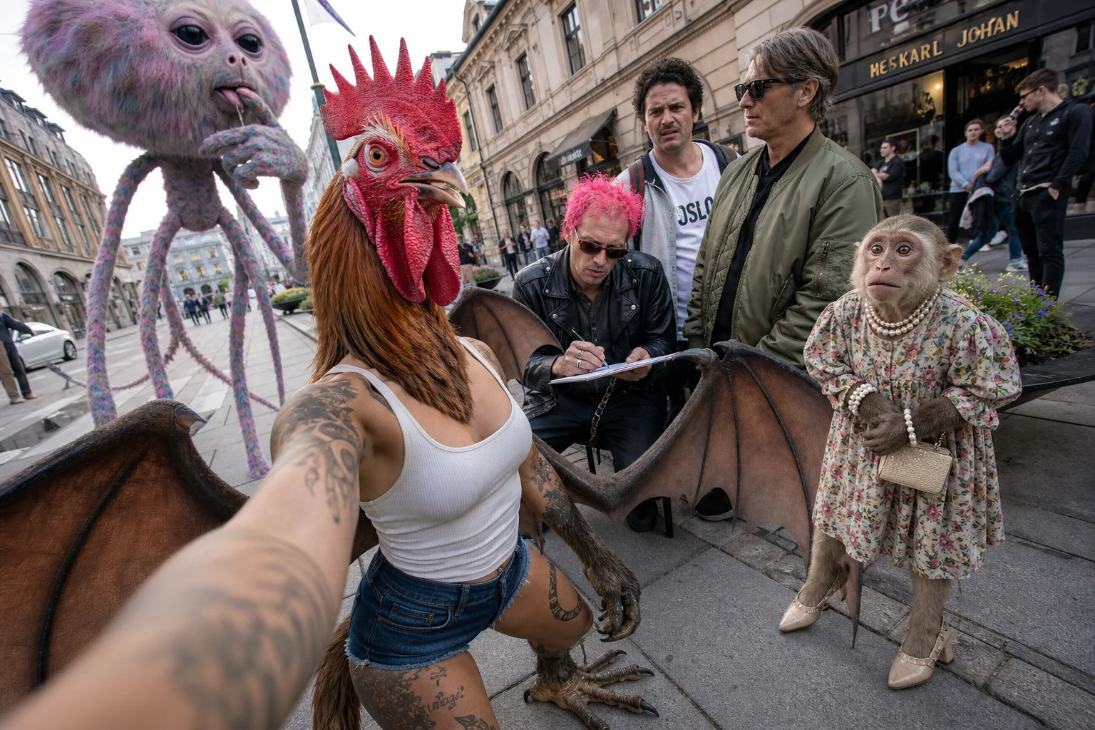 A surreal human-bodied vlogger with a rooster head and animal features films a lively Oslo street, surrounded by eccentric companions, including a floral-dressed baby monkey and a pink-haired autograph signer.
