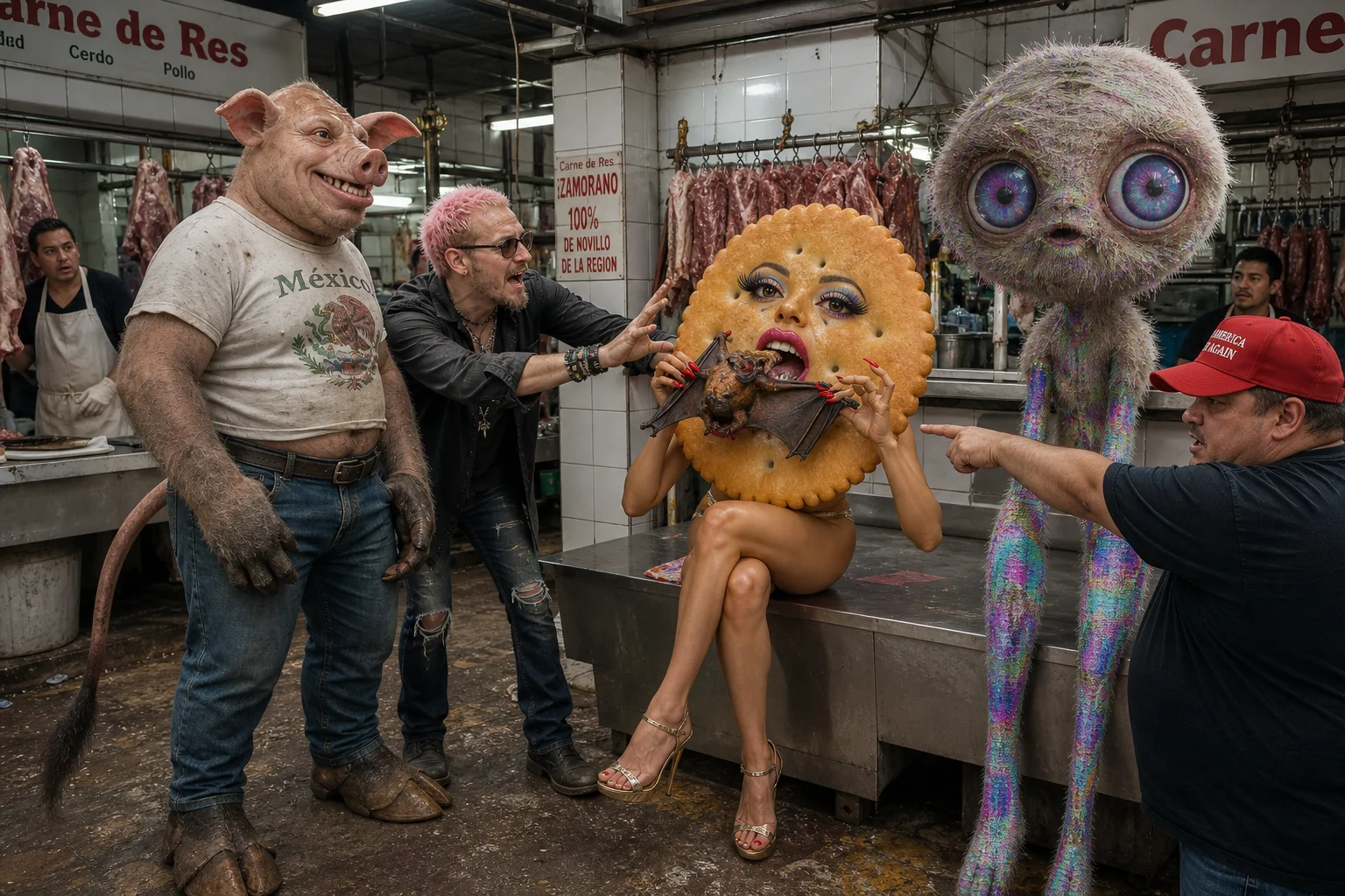 In a busy indoor meat market, a surreal cracker-like woman eats a cooked bat while a pink-haired singer tries to stop her, surrounded by bizarre animal-human hybrids, startled vendors, hanging meat, and tiled counters.