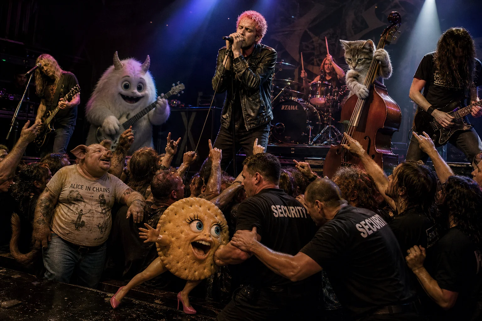 A pink-haired rock singer performs energetically with a band on a brightly lit stage, joined by fantastical costumed figures, while security restrains an exuberant cracker-like fan before a packed concert crowd.