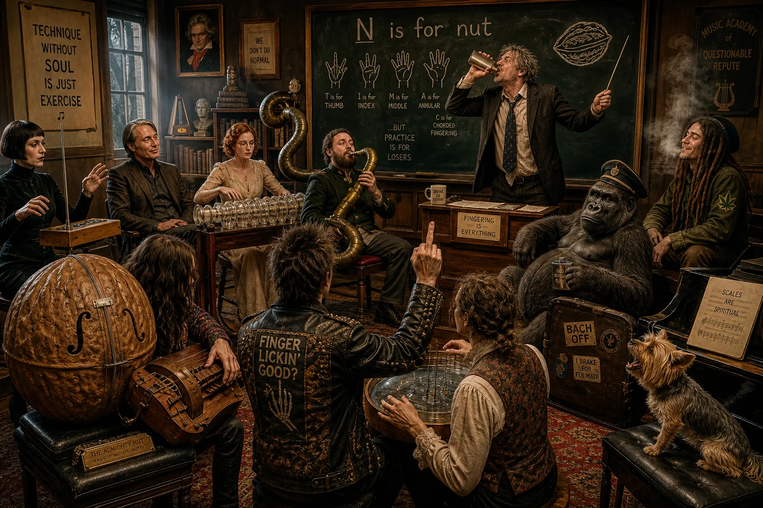 A lively music-school classroom features students debating fingering techniques on bizarre instruments while a disheveled teacher conducts dramatically, with a chalkboard, barking terrier, and amused observers adding to the comic scene.