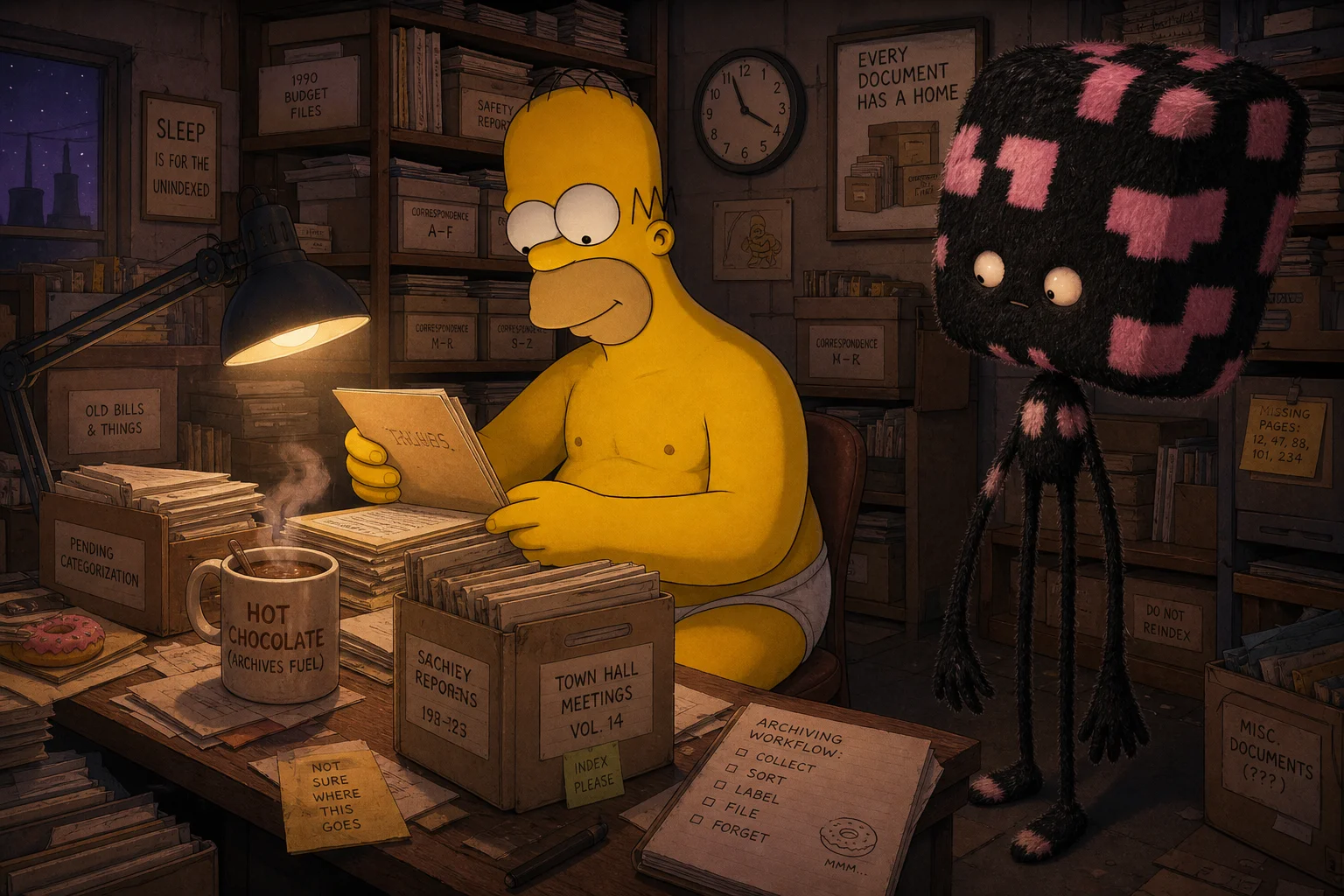 Homer Simpson, dressed in white underwear, organizes documents at a cluttered archival desk beside a steaming mug, while a bizarre black-and-pink creature watches in a cozy, warmly lit late-night office.